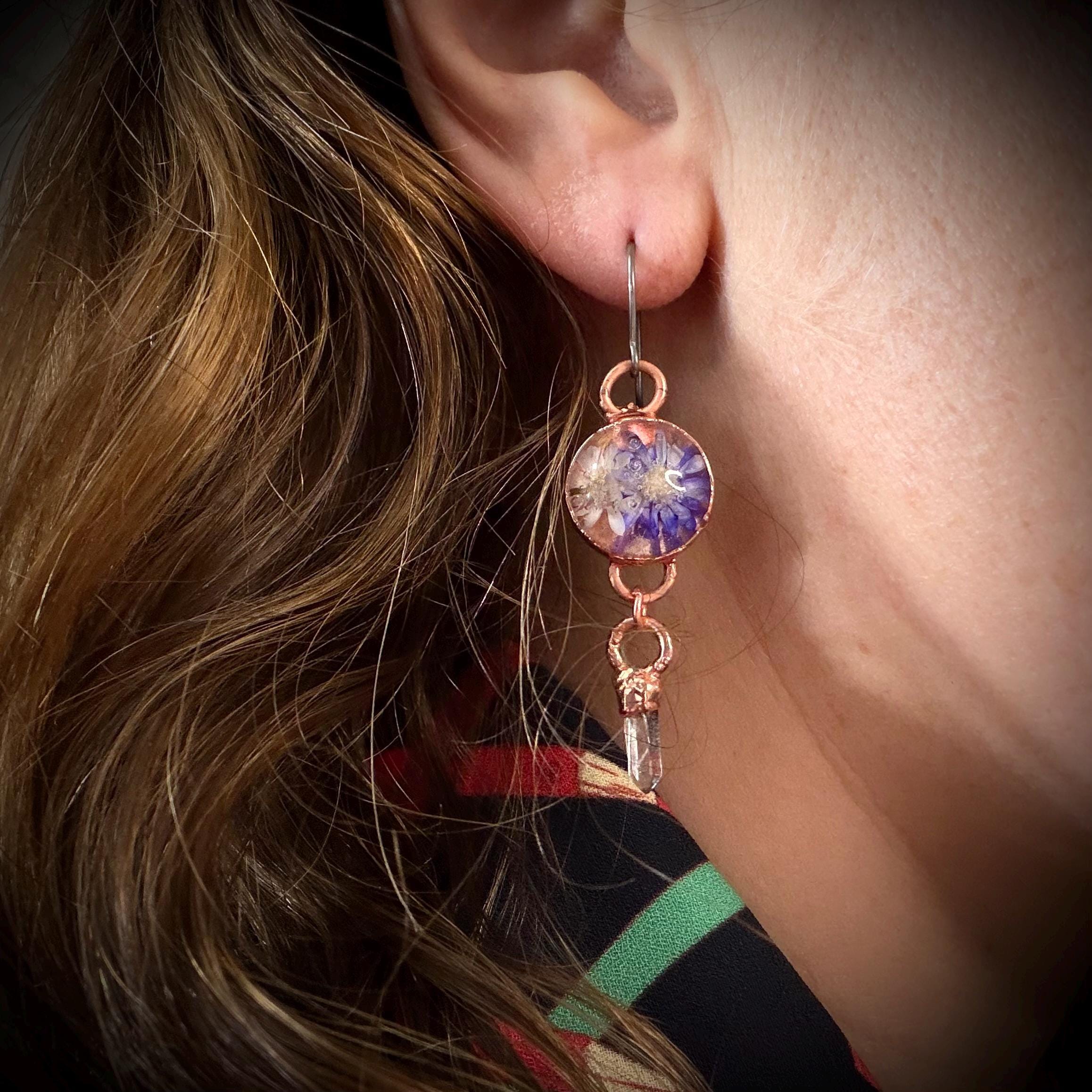 Dried Flower Resin Earrings | Quartz Crystal | Niobium Ear Wires | Handmade Botanical Jewelry
