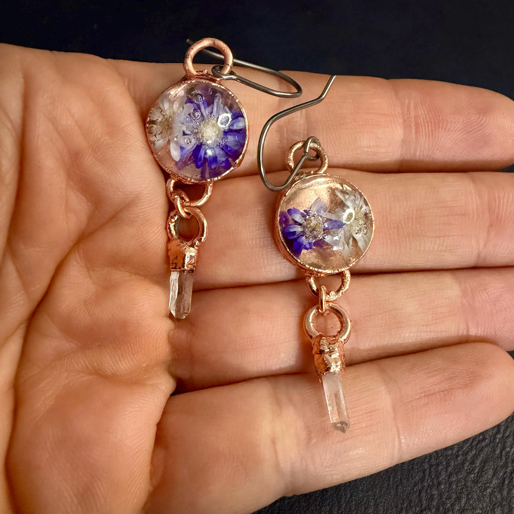 Dried Flower Resin Earrings | Quartz Crystal | Niobium Ear Wires | Handmade Botanical Jewelry