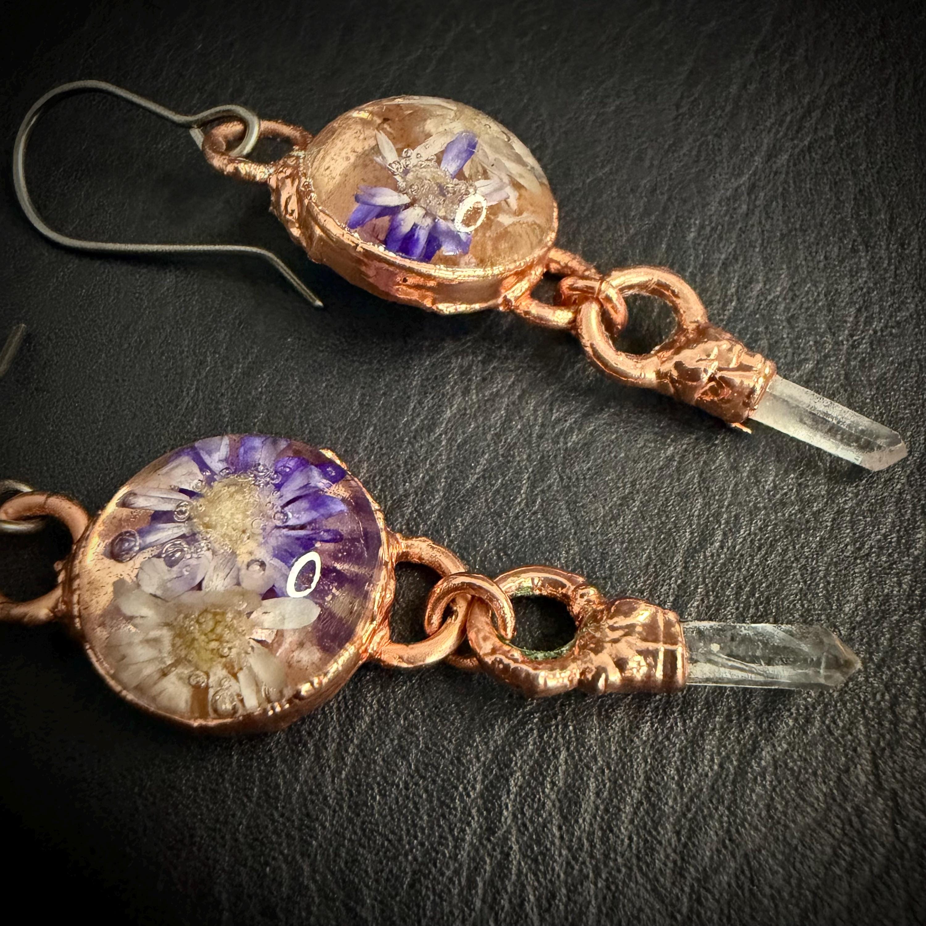 Dried Flower Resin Earrings | Quartz Crystal | Niobium Ear Wires | Handmade Botanical Jewelry