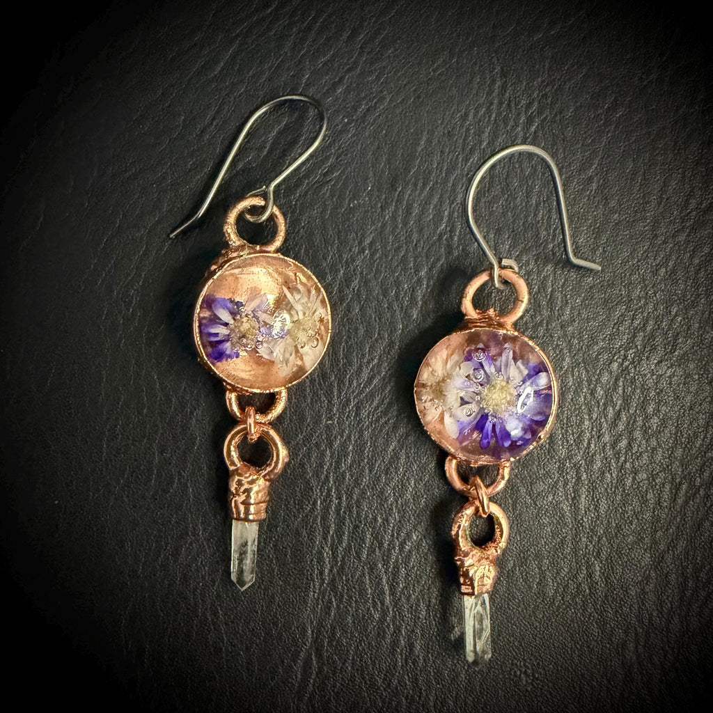 Dried Flower Resin Earrings | Quartz Crystal | Niobium Ear Wires | Handmade Botanical Jewelry