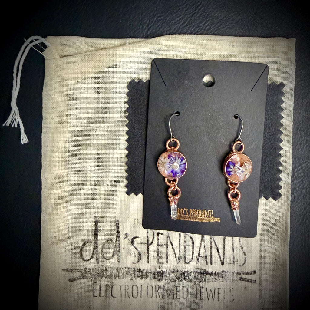 Dried Flower Resin Earrings | Quartz Crystal | Niobium Ear Wires | Handmade Botanical Jewelry