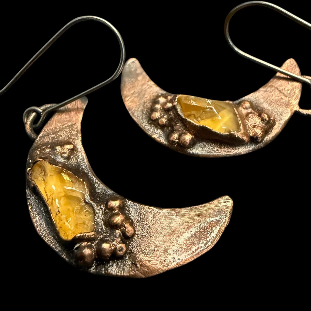Electroformed Citrine Moon Dangle Earrings on Niobium Ear Wires
