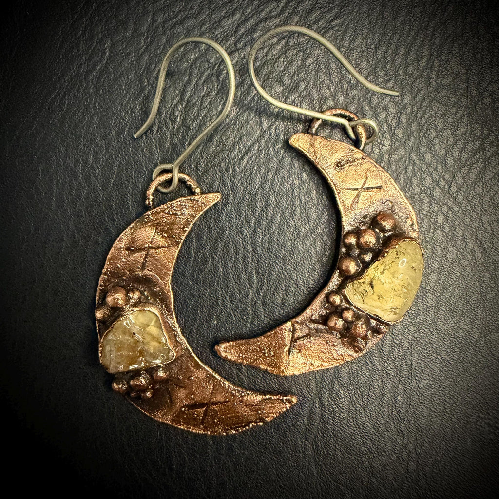 Electroformed Citrine Moon Dangle Earrings on Niobium Ear Wires