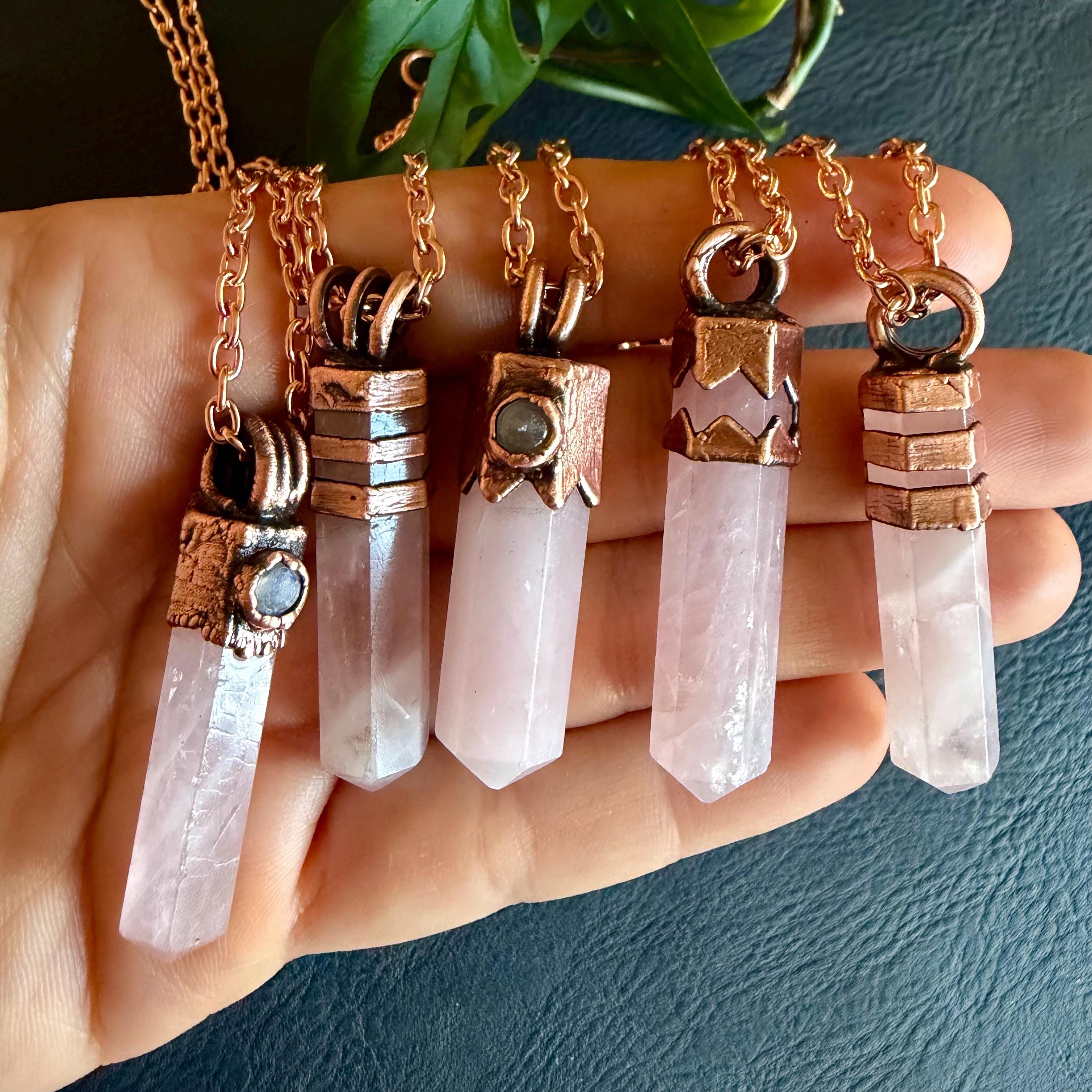 Electroformed Rose Quartz Point Necklace | Handmade Copper Crystal Pendant | Solid Copper Chain | Artisan Jewelry