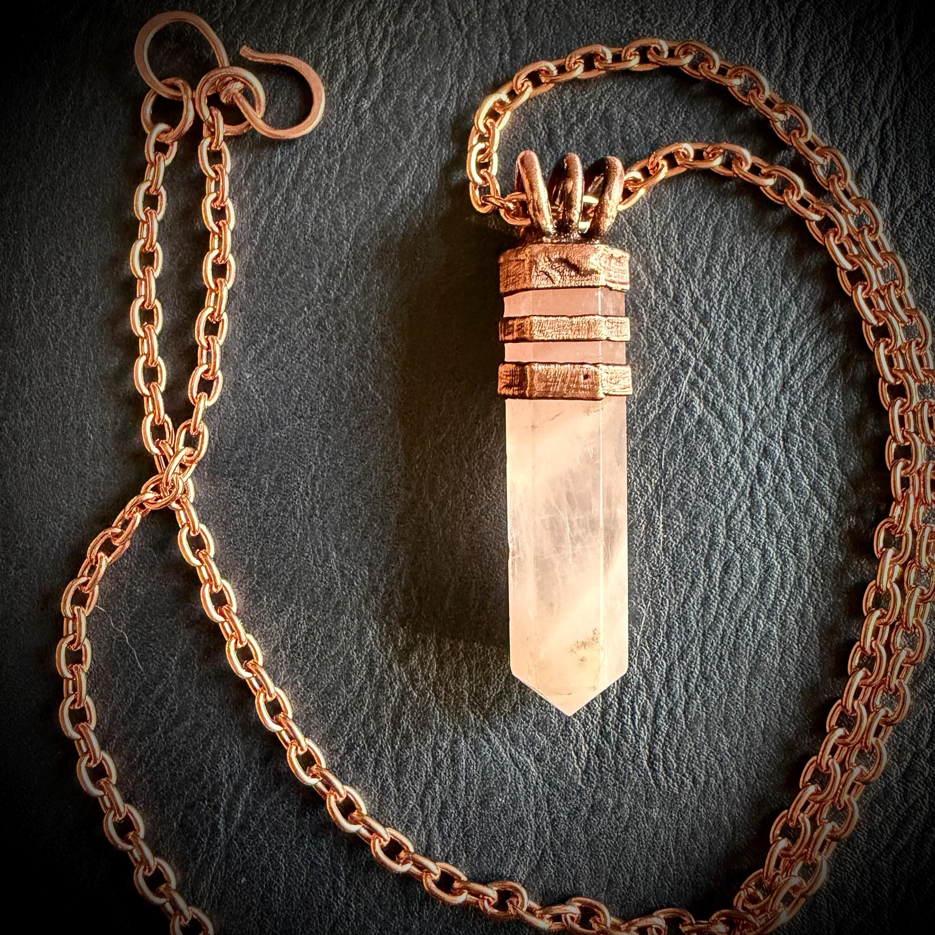 Electroformed Rose Quartz Point Necklace | Handmade Copper Crystal Pendant | Solid Copper Chain | Artisan Jewelry