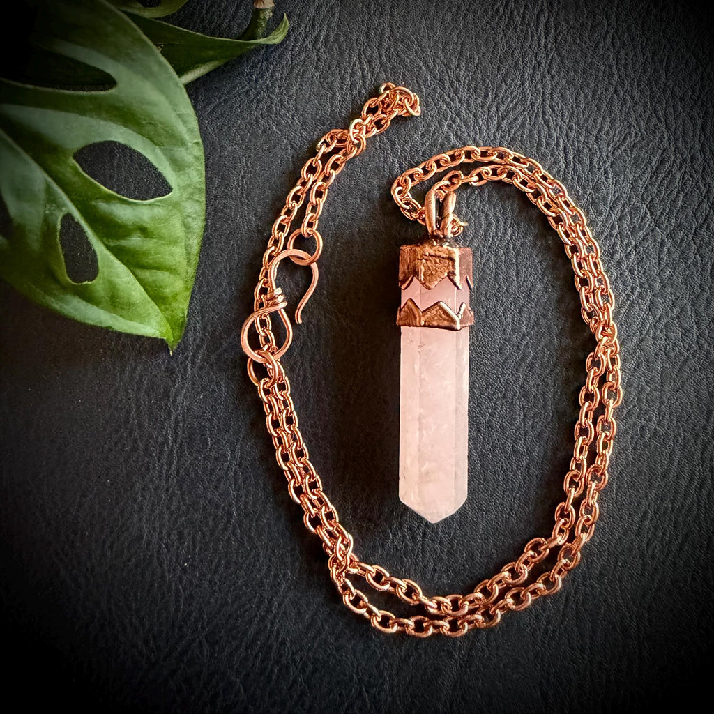 Electroformed Rose Quartz Point Necklace | Handmade Copper Crystal Pendant | Solid Copper Chain | Artisan Jewelry