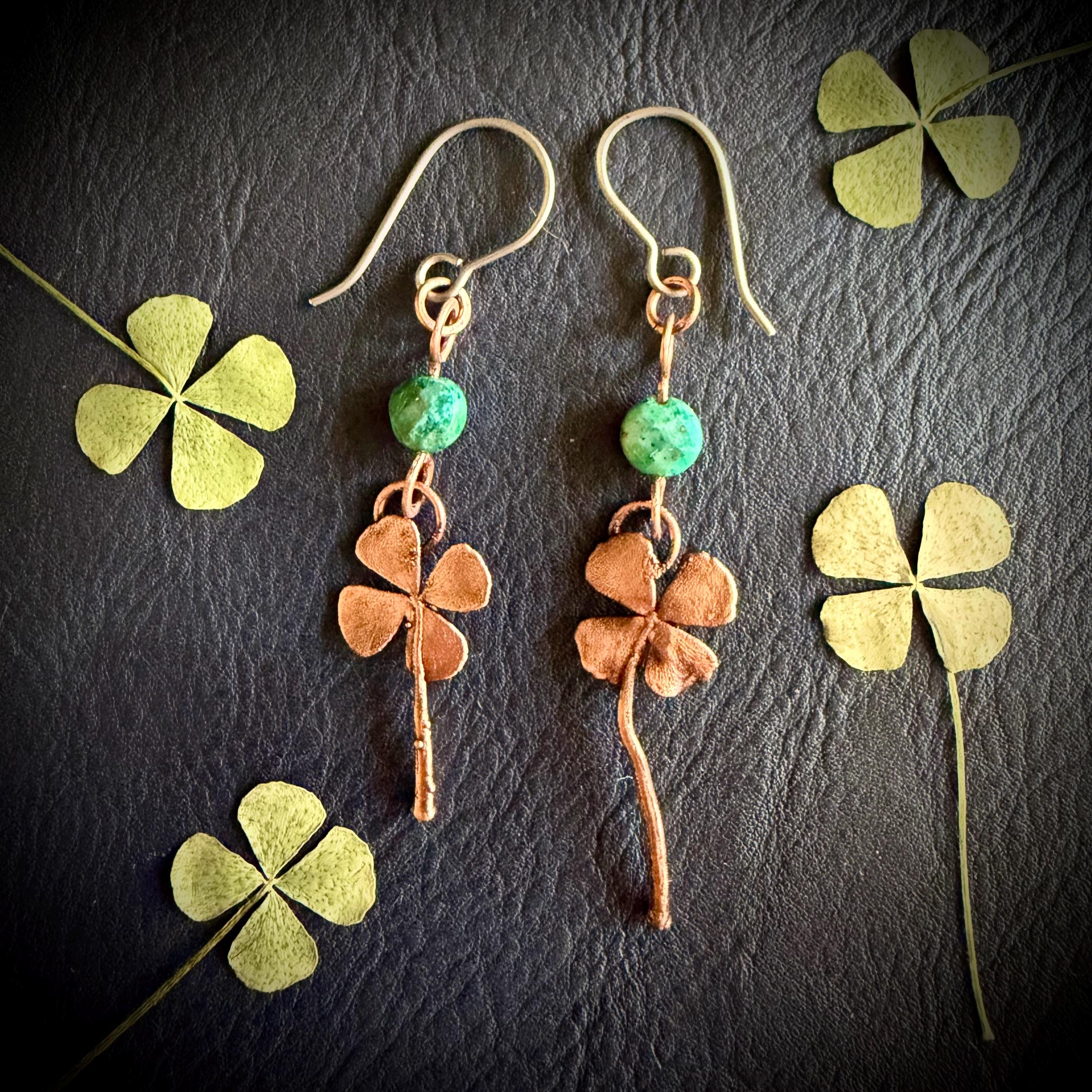 Electroformed Copper Four Leaf Clover Earrings – Lapis Lazuli, Titanium