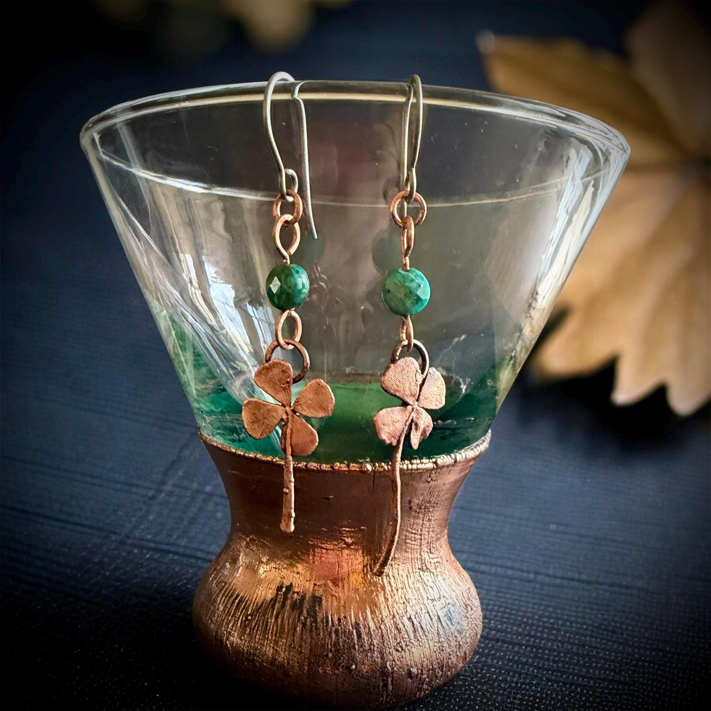 Electroformed Copper Four Leaf Clover Earrings – Lapis Lazuli, Titanium