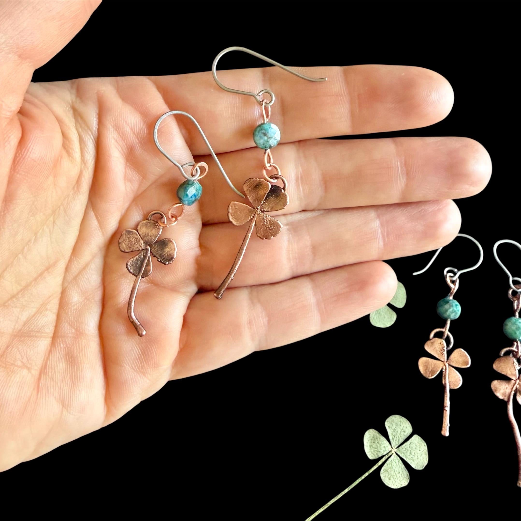 Electroformed Copper Four Leaf Clover Earrings – Lapis Lazuli, Titanium