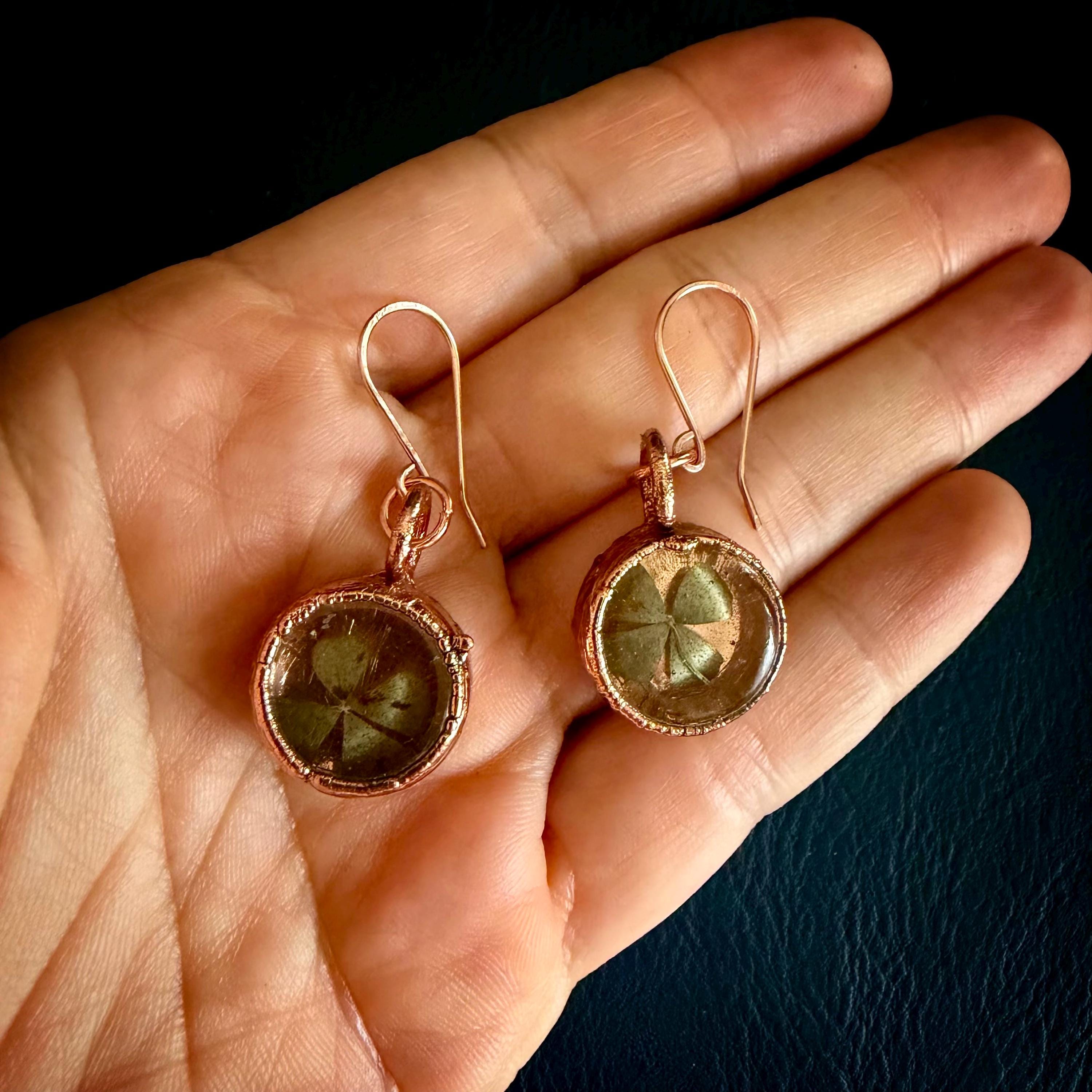 4 Leaf Clover Resin Electroformed Copper Dangle Earrings on Rose Gold Ear Wires