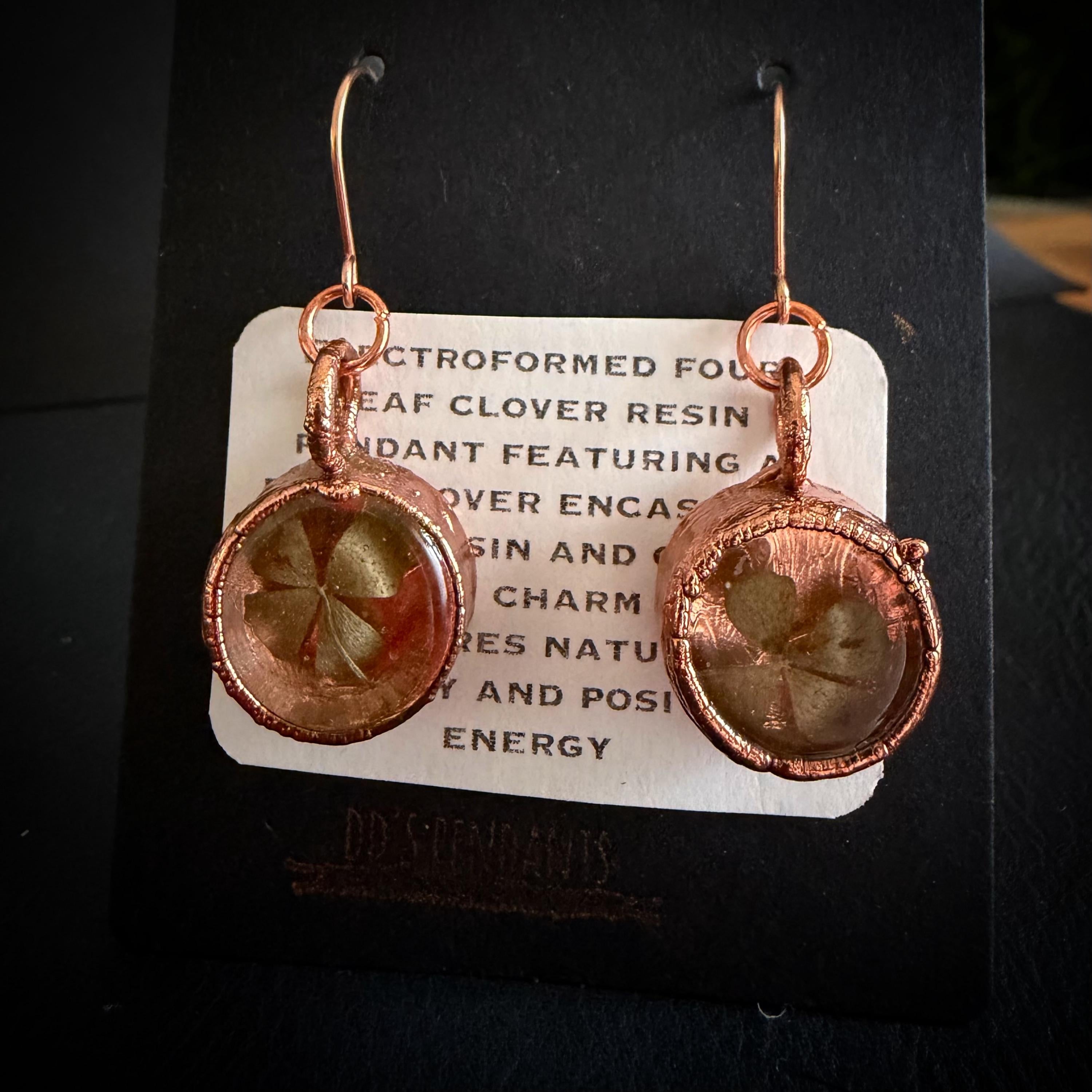 4 Leaf Clover Resin Electroformed Copper Dangle Earrings on Rose Gold Ear Wires