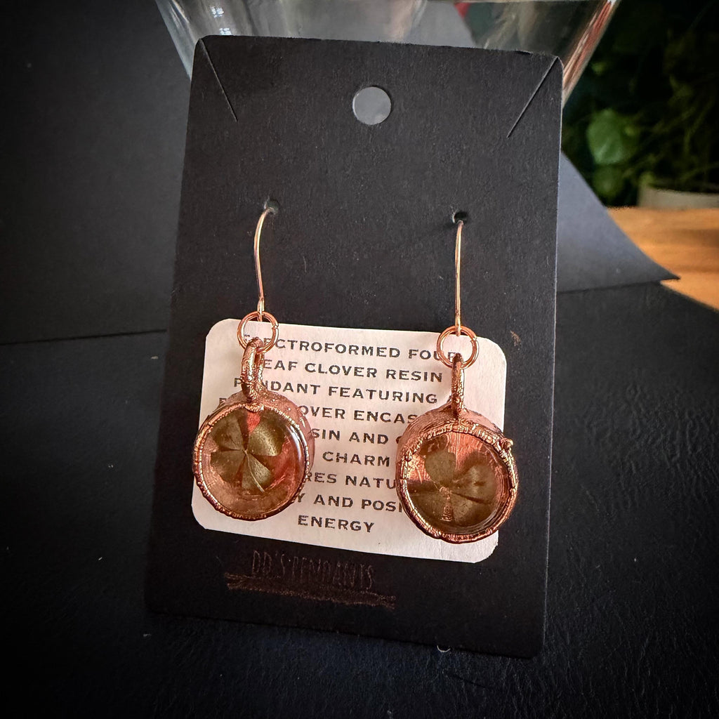 4 Leaf Clover Resin Electroformed Copper Dangle Earrings on Rose Gold Ear Wires
