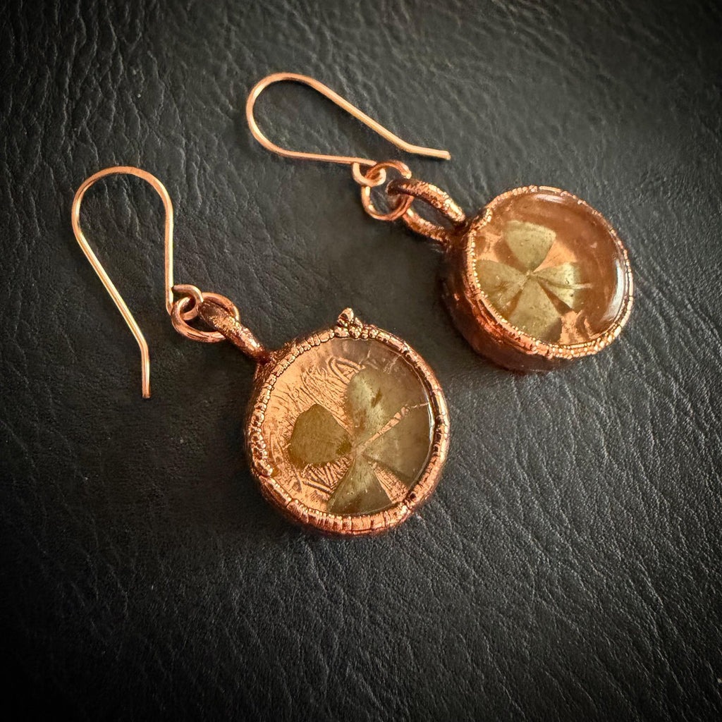 4 Leaf Clover Resin Electroformed Copper Dangle Earrings on Rose Gold Ear Wires