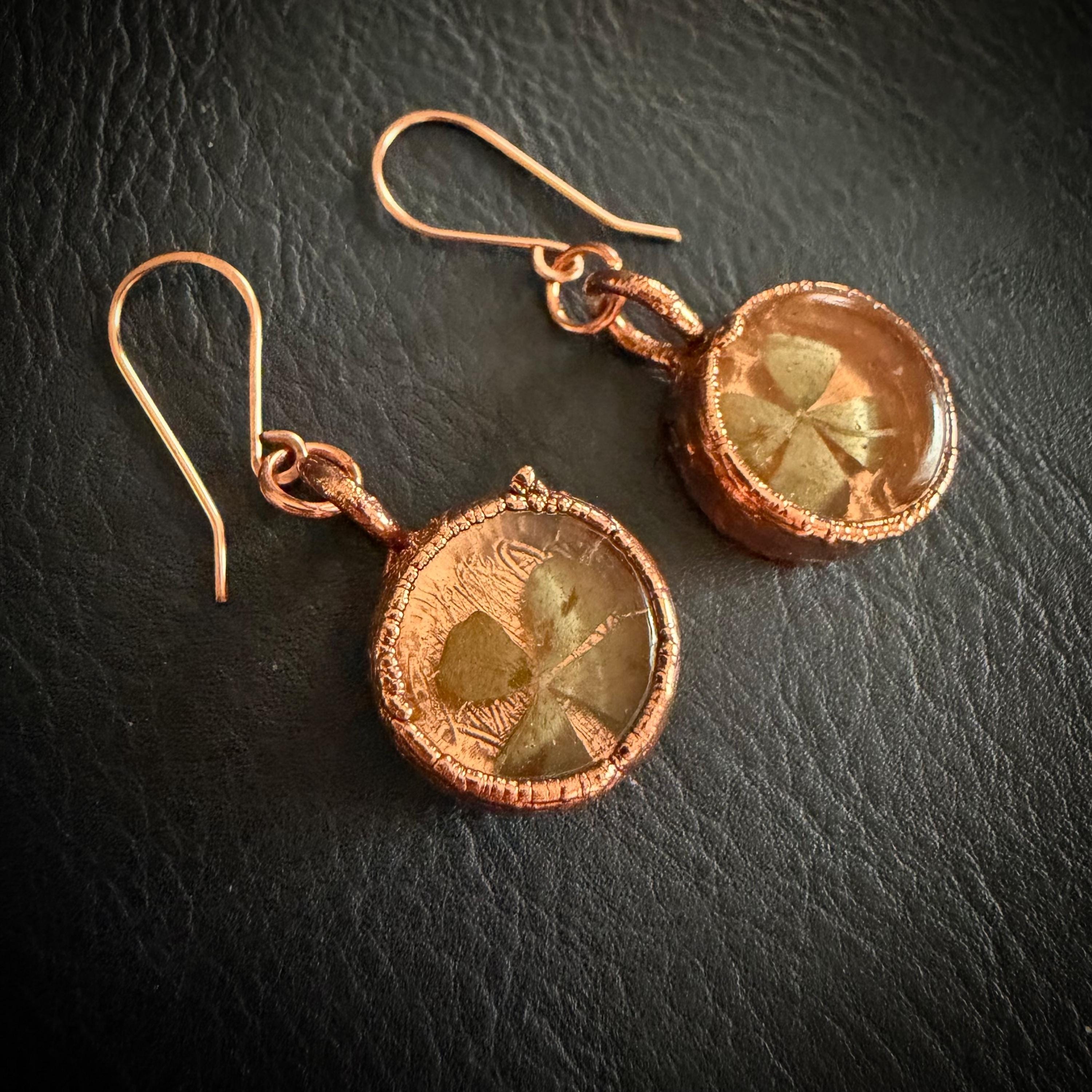 4 Leaf Clover Resin Electroformed Copper Dangle Earrings on Rose Gold Ear Wires