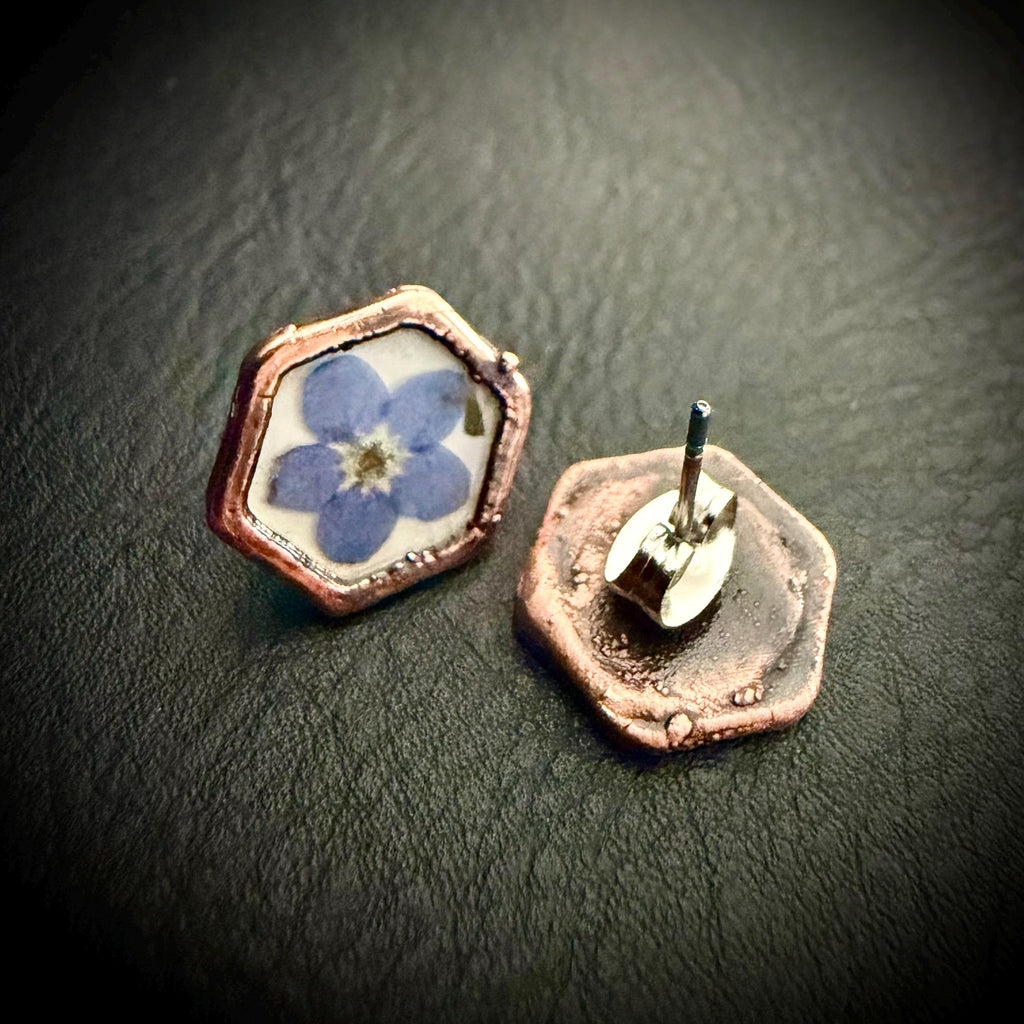 Forget Me Not Flower Stud Earrings – Electroformed Copper – Handmade Botanical Jewelry