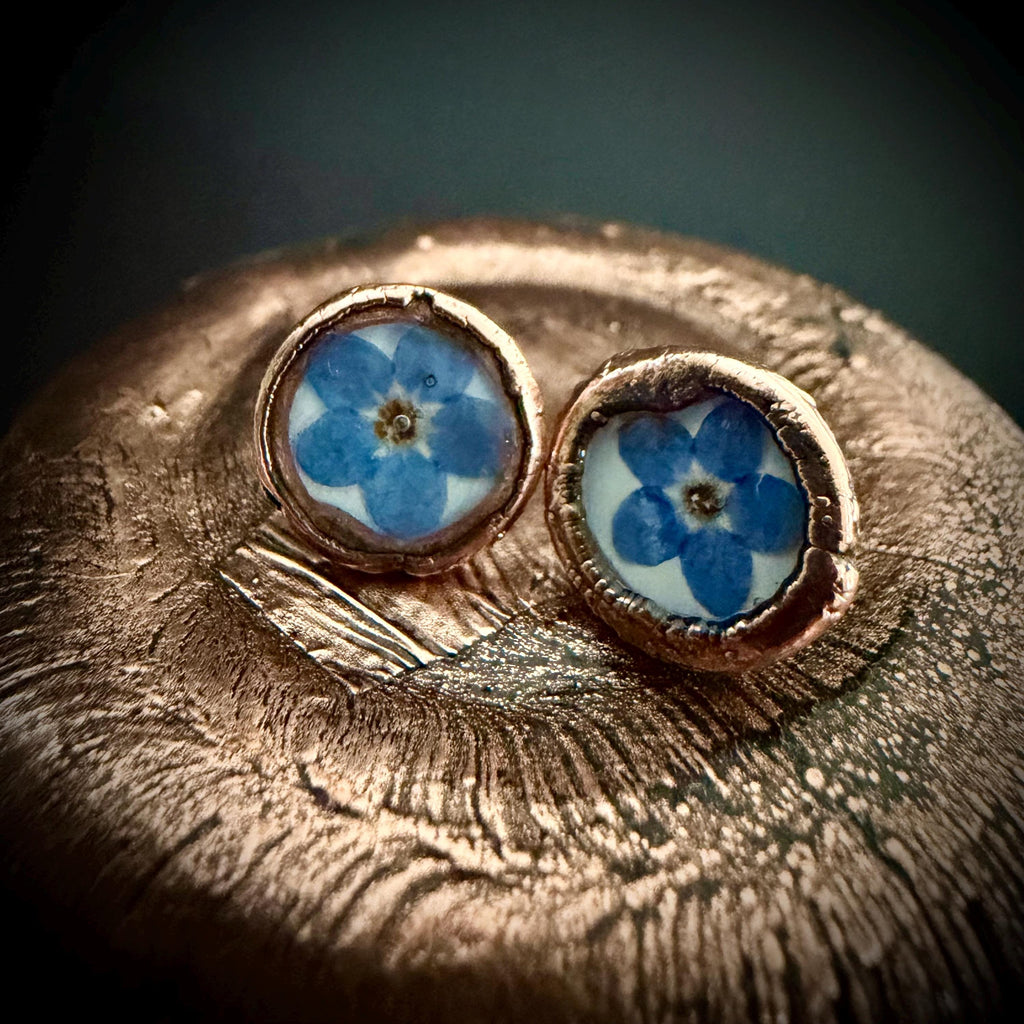 Forget Me Not Flower Stud Earrings – Electroformed Copper – Handmade Botanical Jewelry