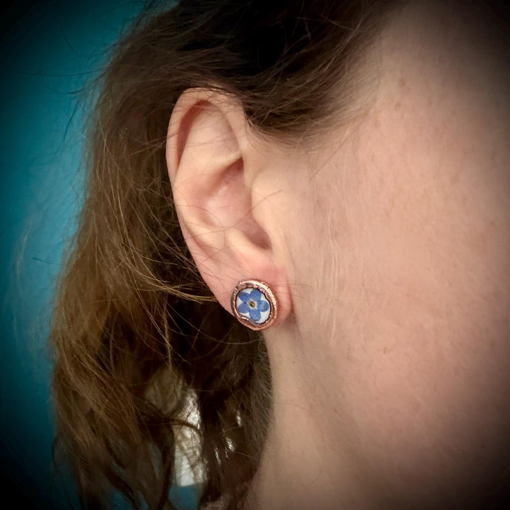 Forget Me Not Flower Stud Earrings – Electroformed Copper – Handmade Botanical Jewelry