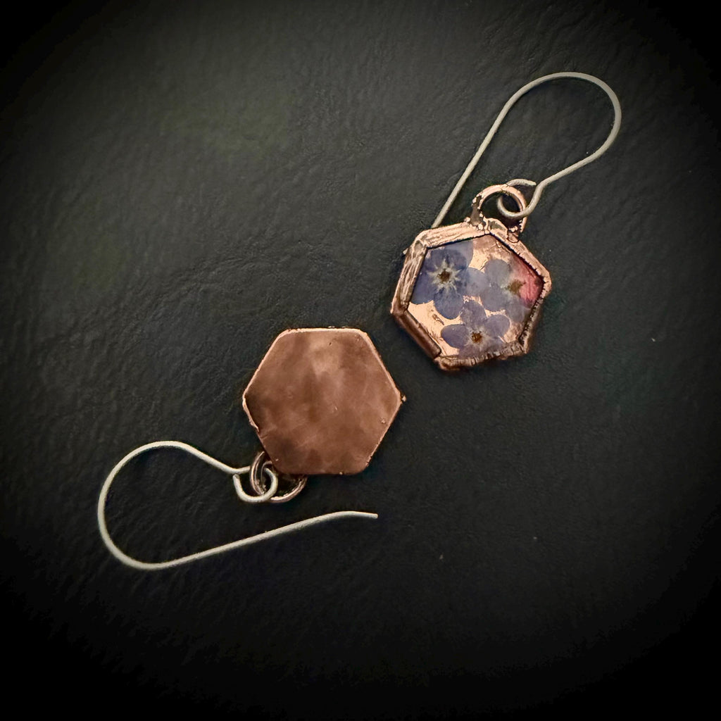 Forget Me Not Flower Dangle Earrings – Electroformed Copper – Handmade Botanical Jewelry