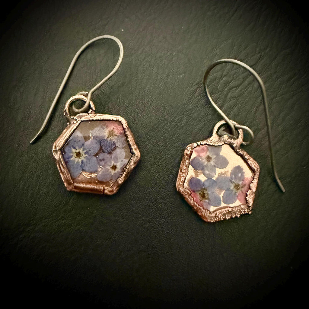 Forget Me Not Flower Dangle Earrings – Electroformed Copper – Handmade Botanical Jewelry