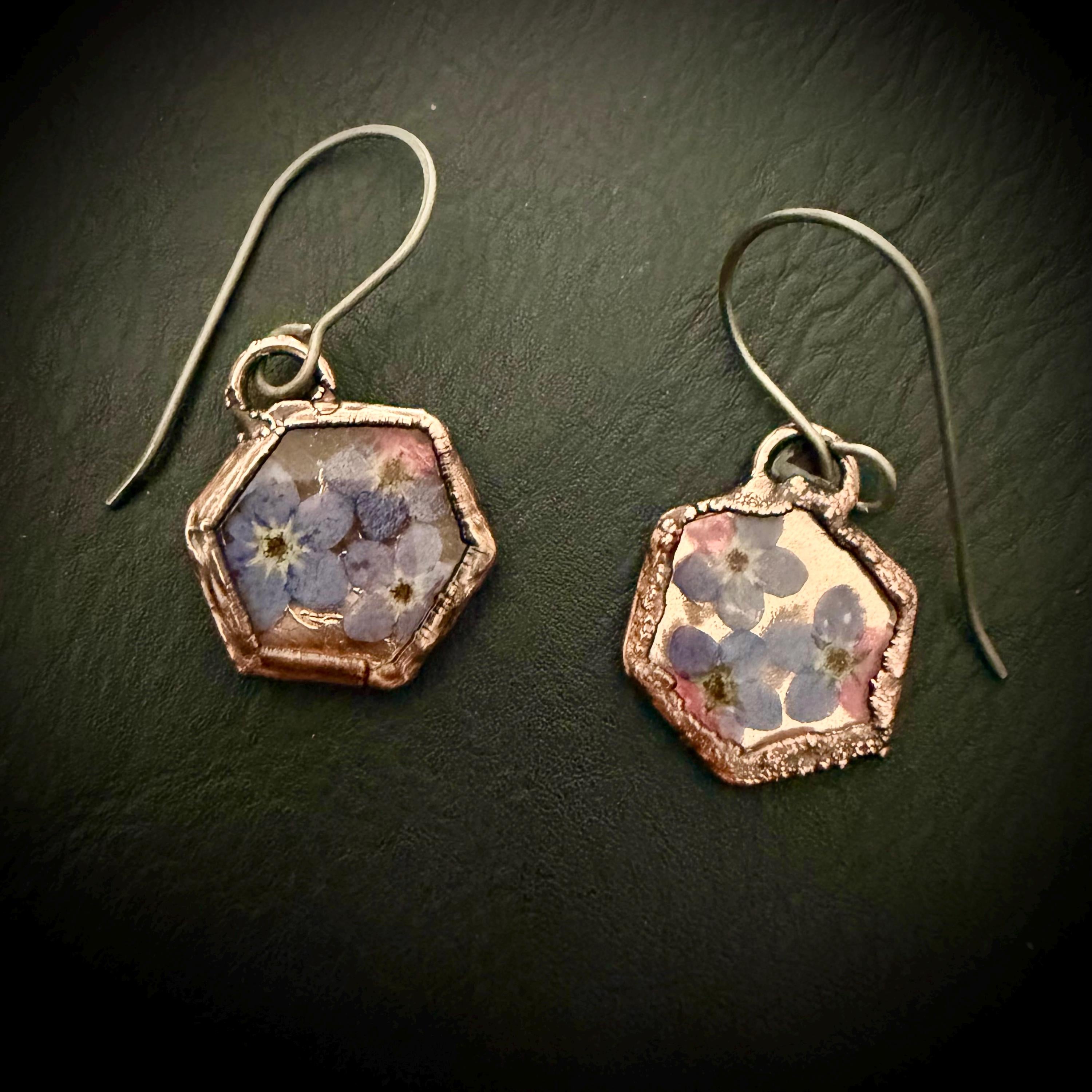 Forget Me Not Flower Dangle Earrings – Electroformed Copper – Handmade Botanical Jewelry