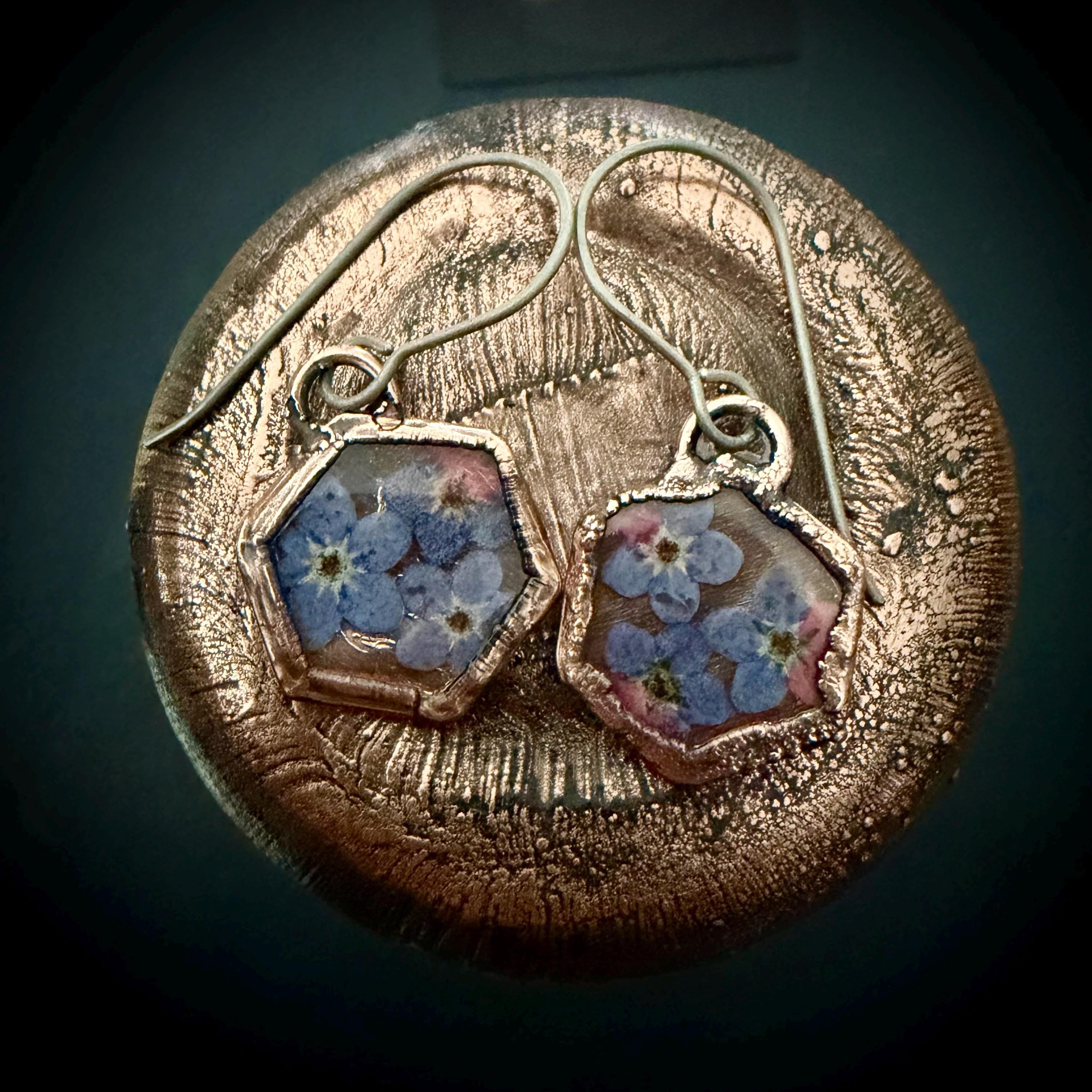 Forget Me Not Flower Dangle Earrings – Electroformed Copper – Handmade Botanical Jewelry