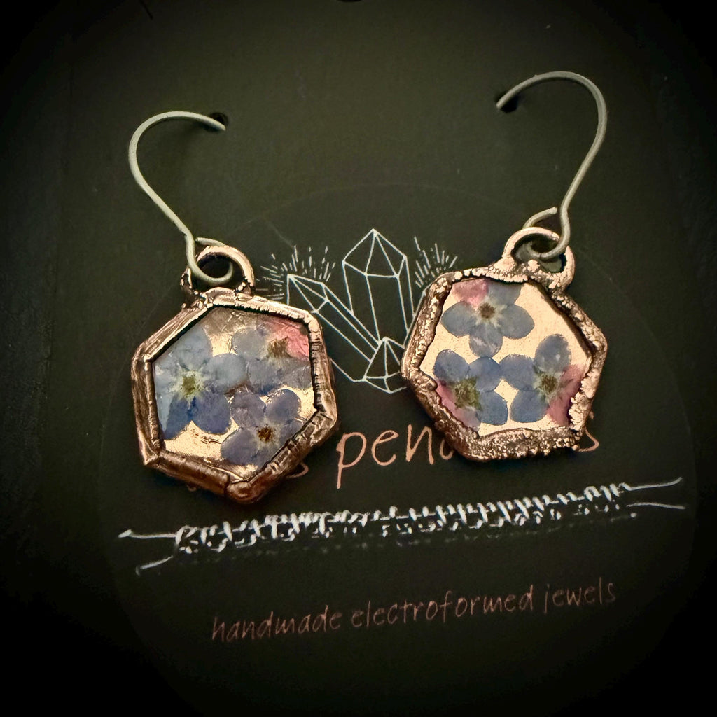 Forget Me Not Flower Dangle Earrings – Electroformed Copper – Handmade Botanical Jewelry