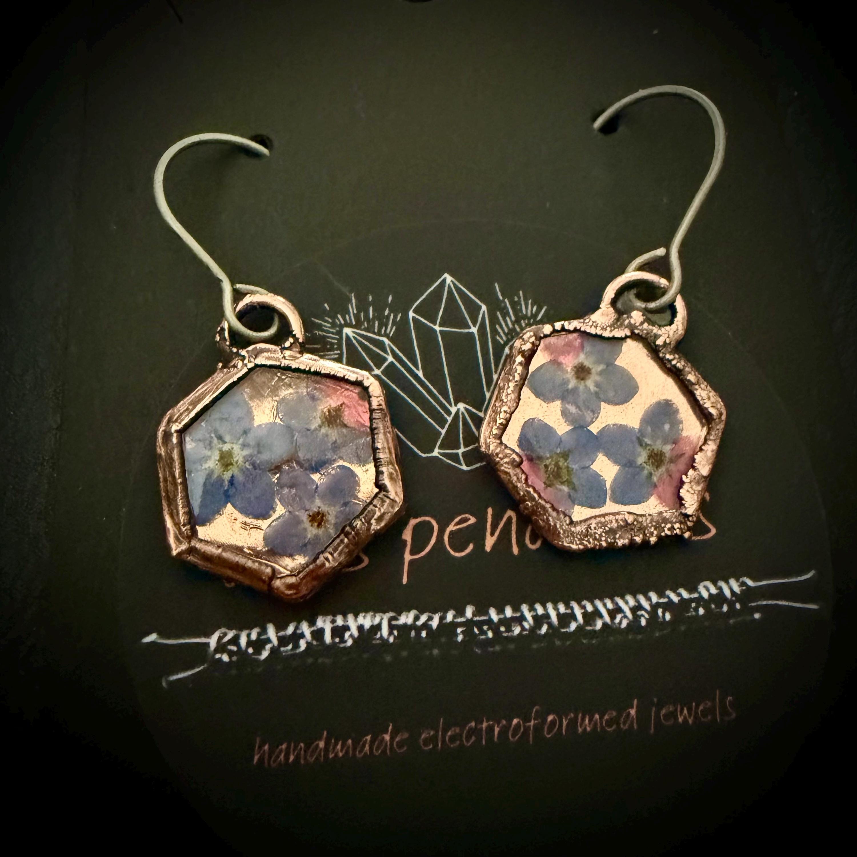 Forget Me Not Flower Dangle Earrings – Electroformed Copper – Handmade Botanical Jewelry