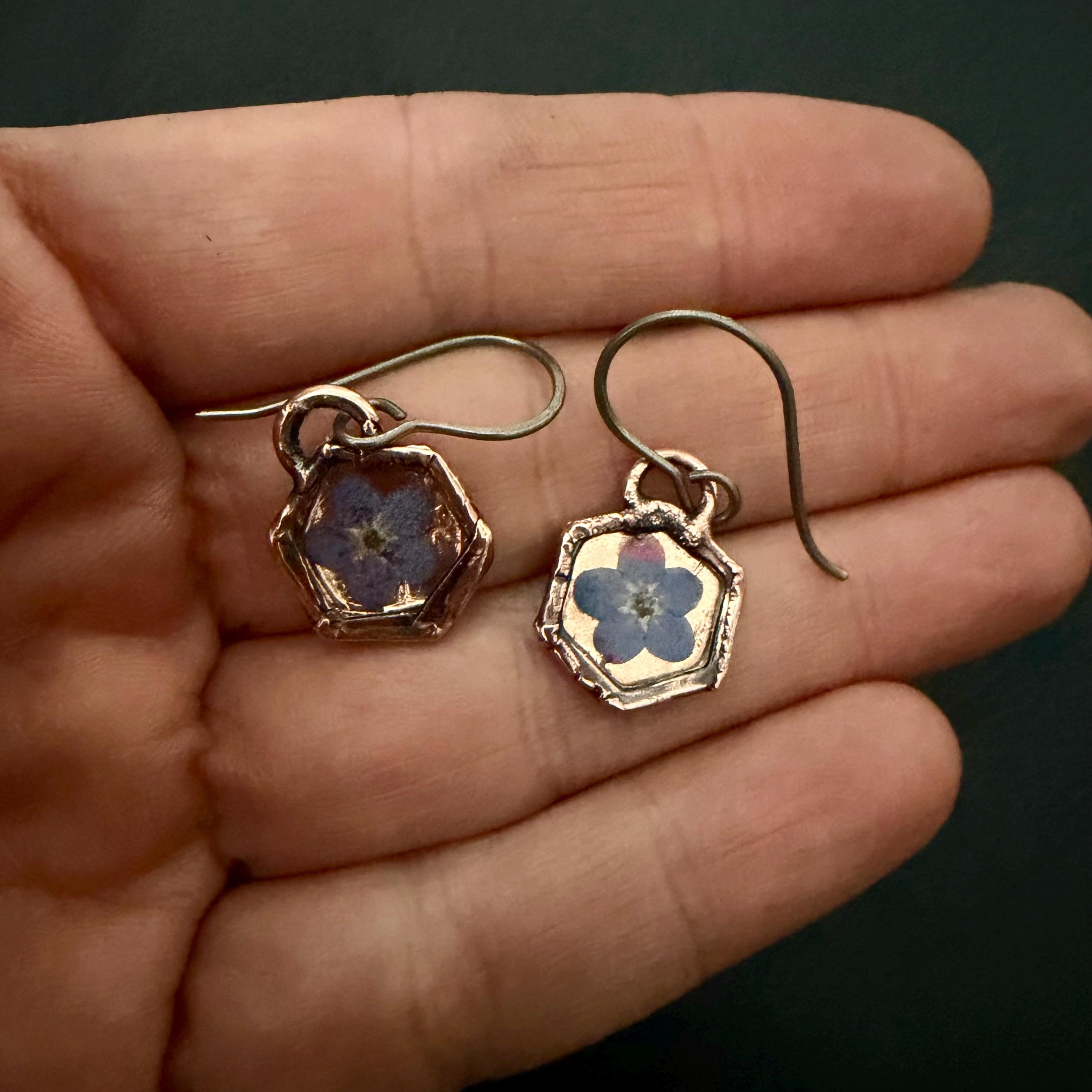 Forget Me Not Flower Dangle Earrings – Electroformed Copper – Handmade Botanical Jewelry