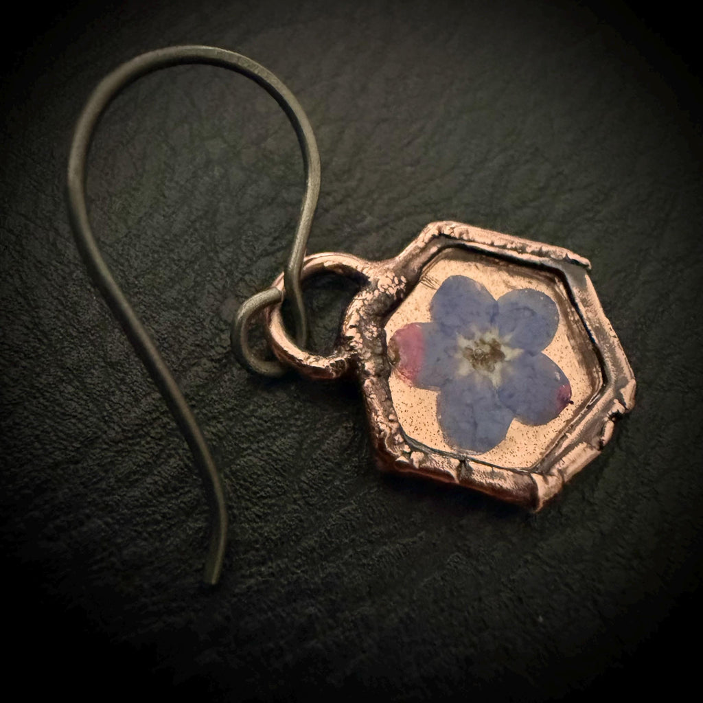 Forget Me Not Flower Dangle Earrings – Electroformed Copper – Handmade Botanical Jewelry
