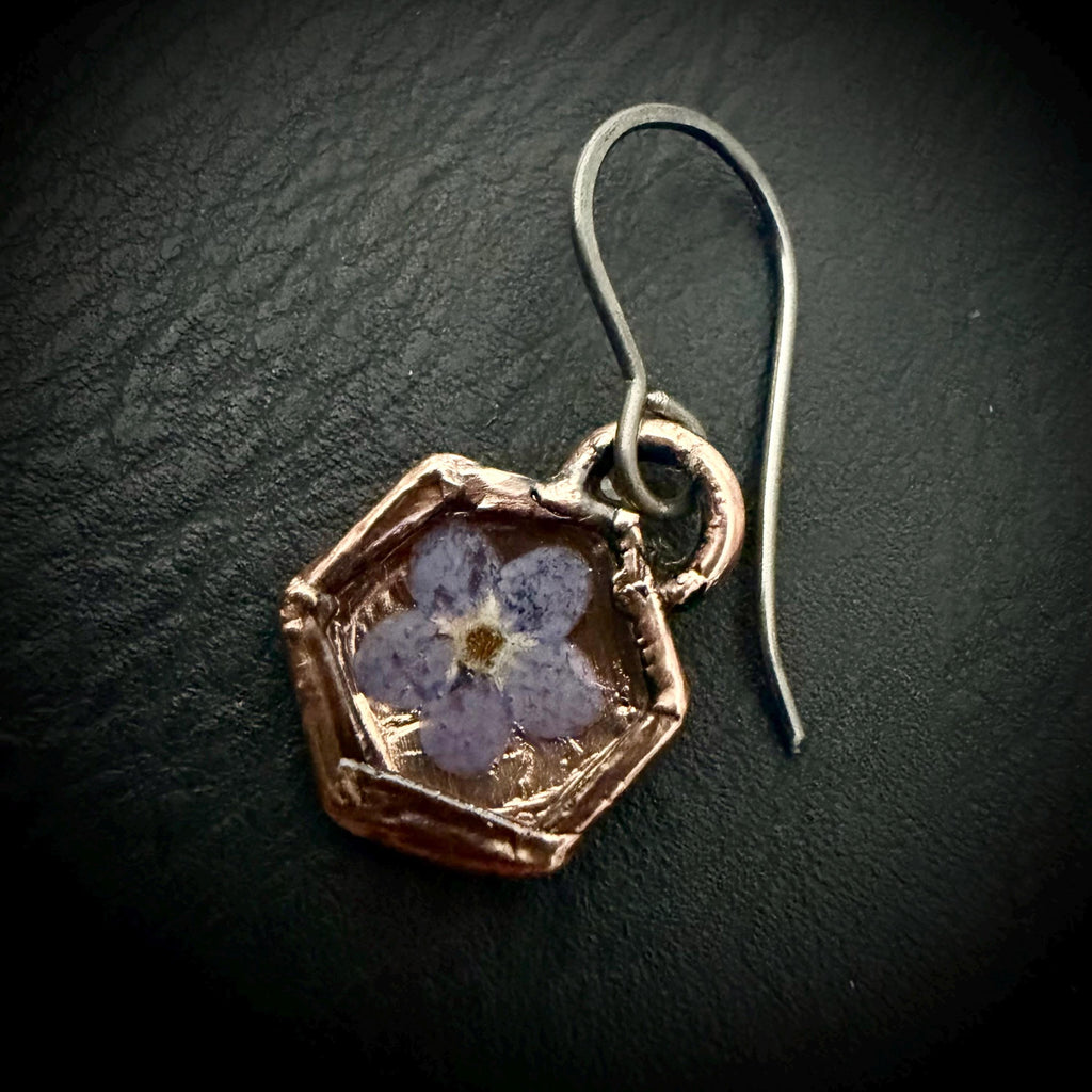 Forget Me Not Flower Dangle Earrings – Electroformed Copper – Handmade Botanical Jewelry