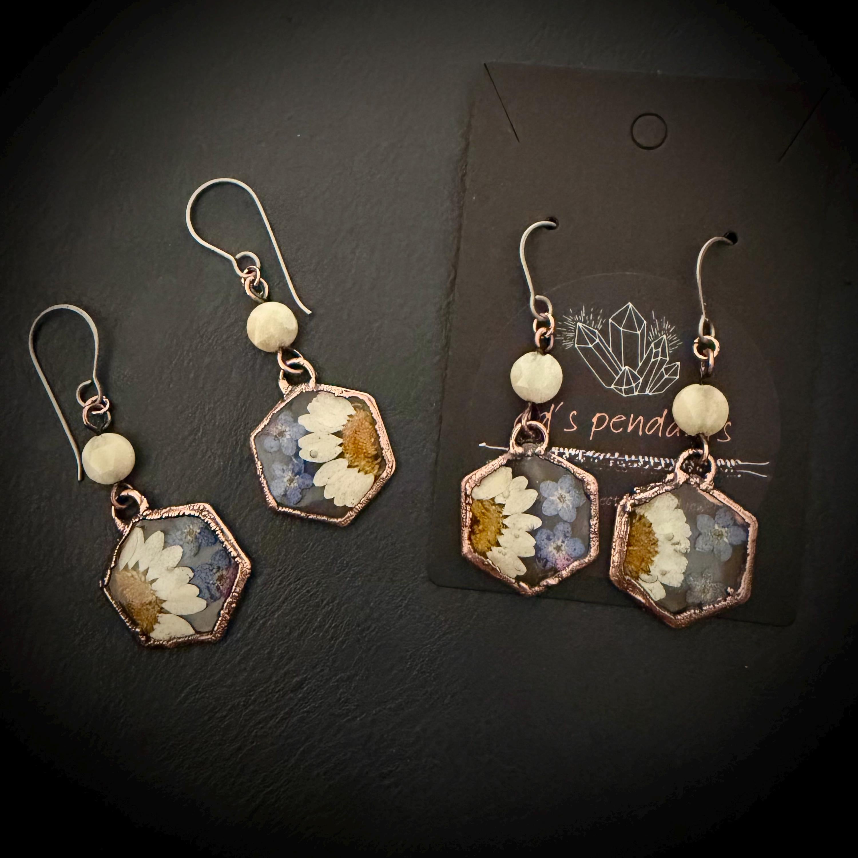 Real Daisy Forget Me Not Earrings – Electroformed Copper Botanical Jewelry – Titanium Wires