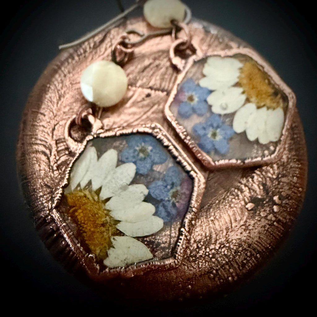 Real Daisy Forget Me Not Earrings – Electroformed Copper Botanical Jewelry – Titanium Wires