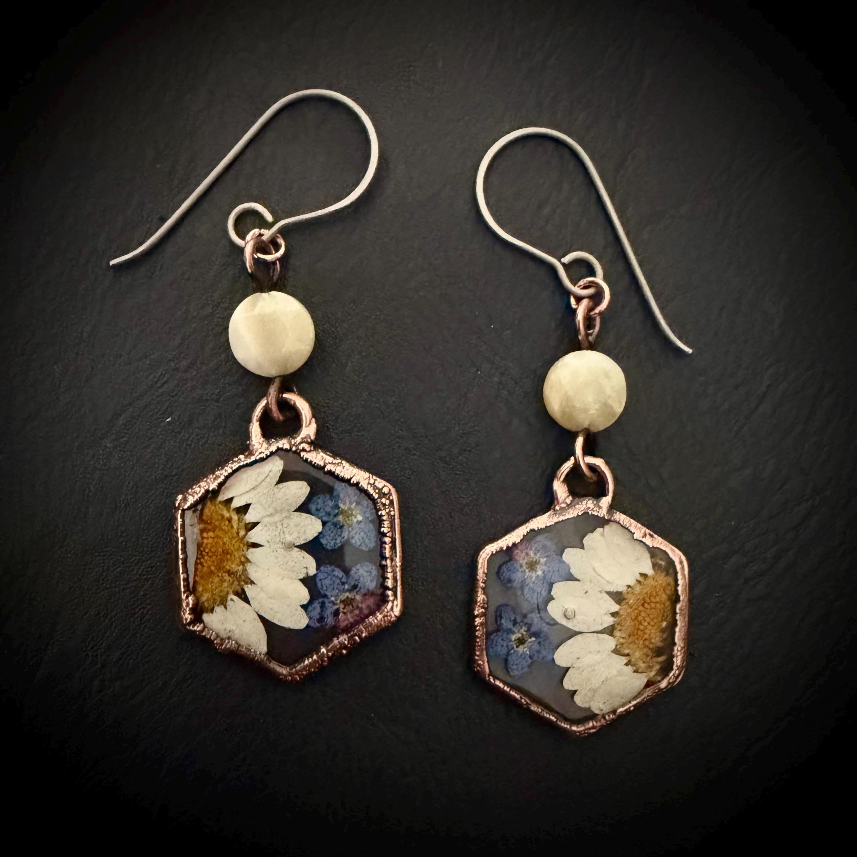 Real Daisy Forget Me Not Earrings – Electroformed Copper Botanical Jewelry – Titanium Wires