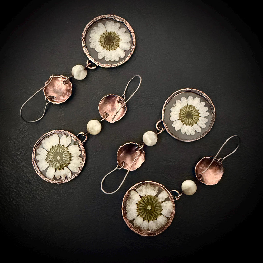 Electroformed Daisy Resin Earrings – Copper Flower Crystal Dangle Jewelry