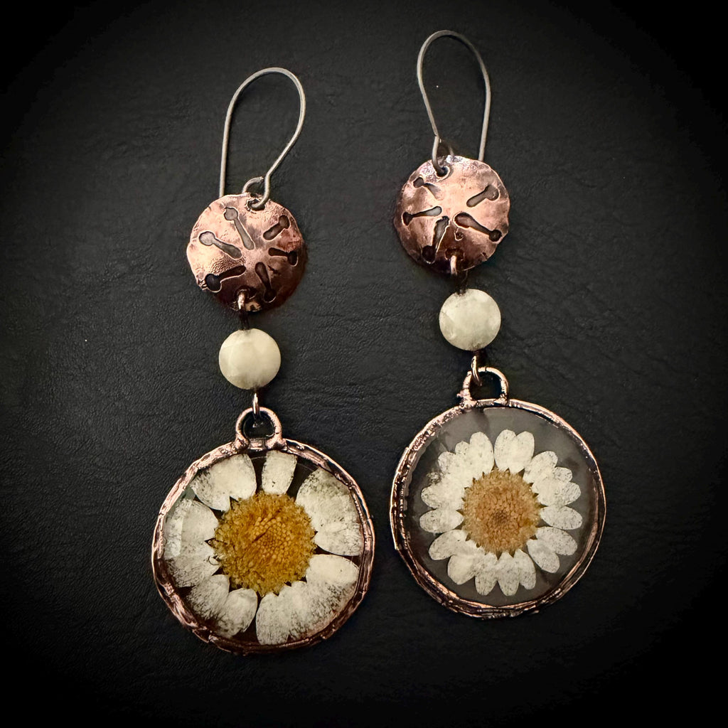Electroformed Daisy Resin Earrings – Copper Flower Crystal Dangle Jewelry