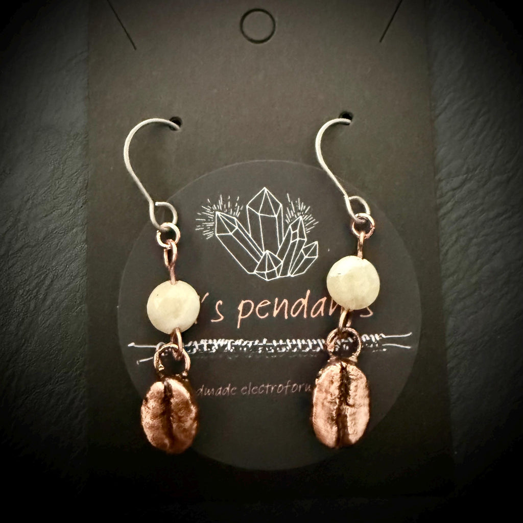 Electroformed Coffee Bean Earrings – Real Bean, Copper, Crystal Accent – Hypoallergenic Titanium Wires