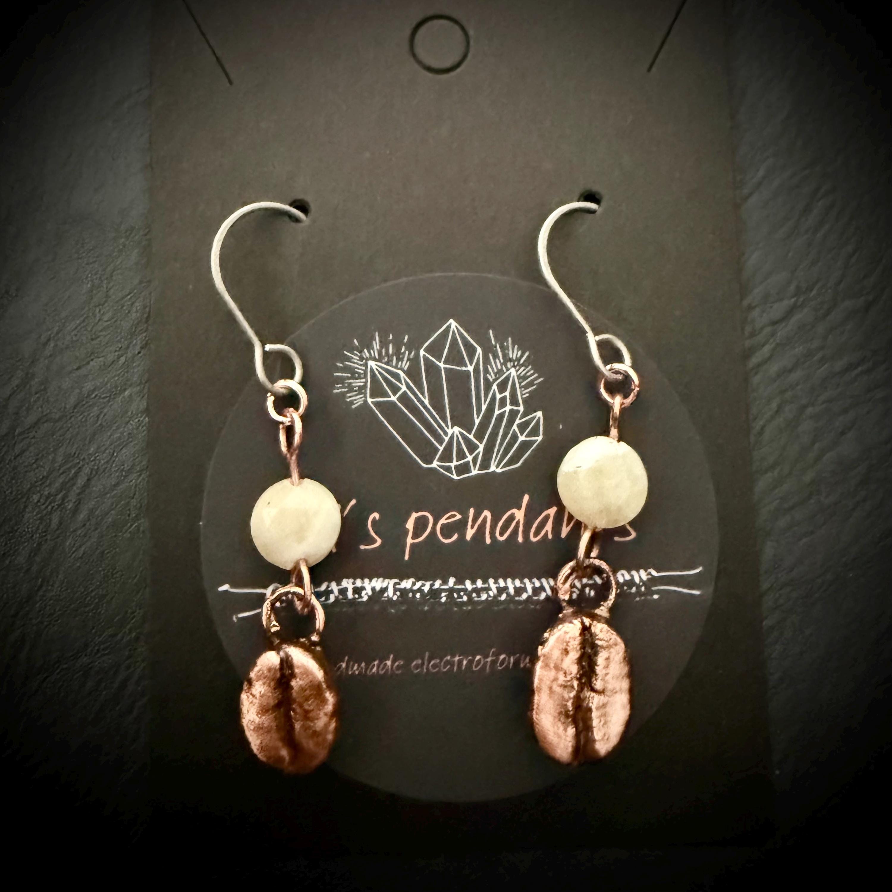 Electroformed Coffee Bean Earrings – Real Bean, Copper, Crystal Accent – Hypoallergenic Titanium Wires