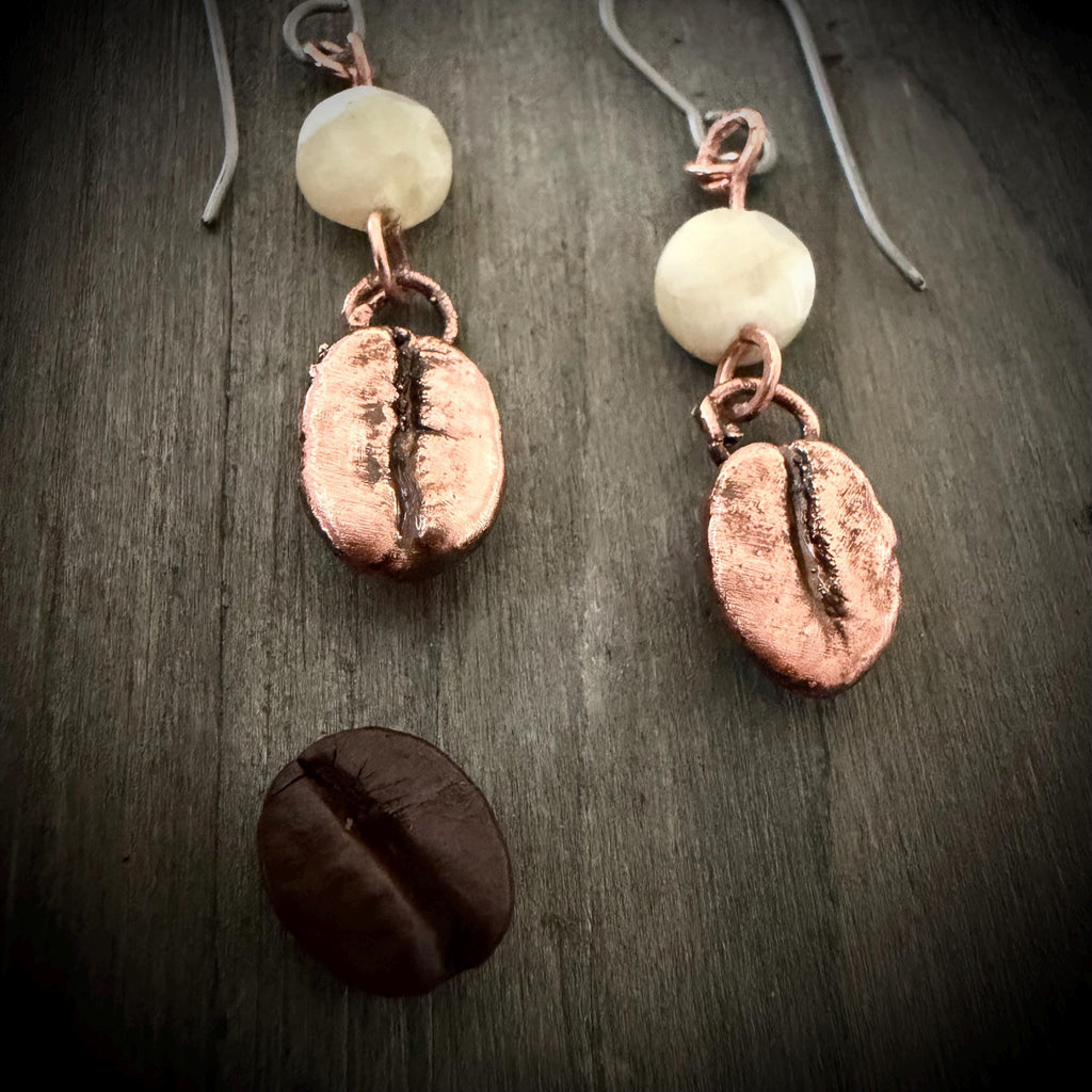 Electroformed Coffee Bean Earrings – Real Bean, Copper, Crystal Accent – Hypoallergenic Titanium Wires