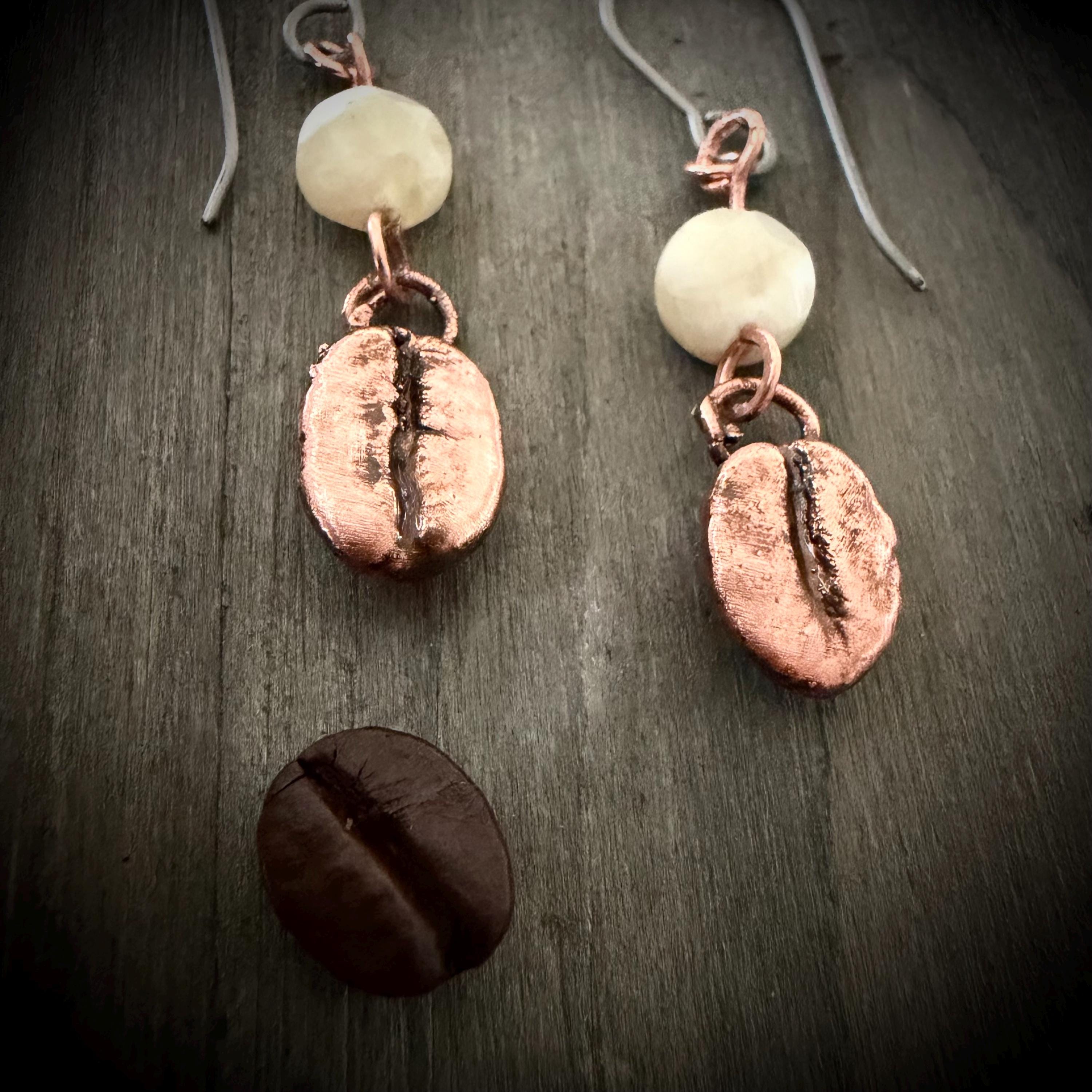 Electroformed Coffee Bean Earrings – Real Bean, Copper, Crystal Accent – Hypoallergenic Titanium Wires