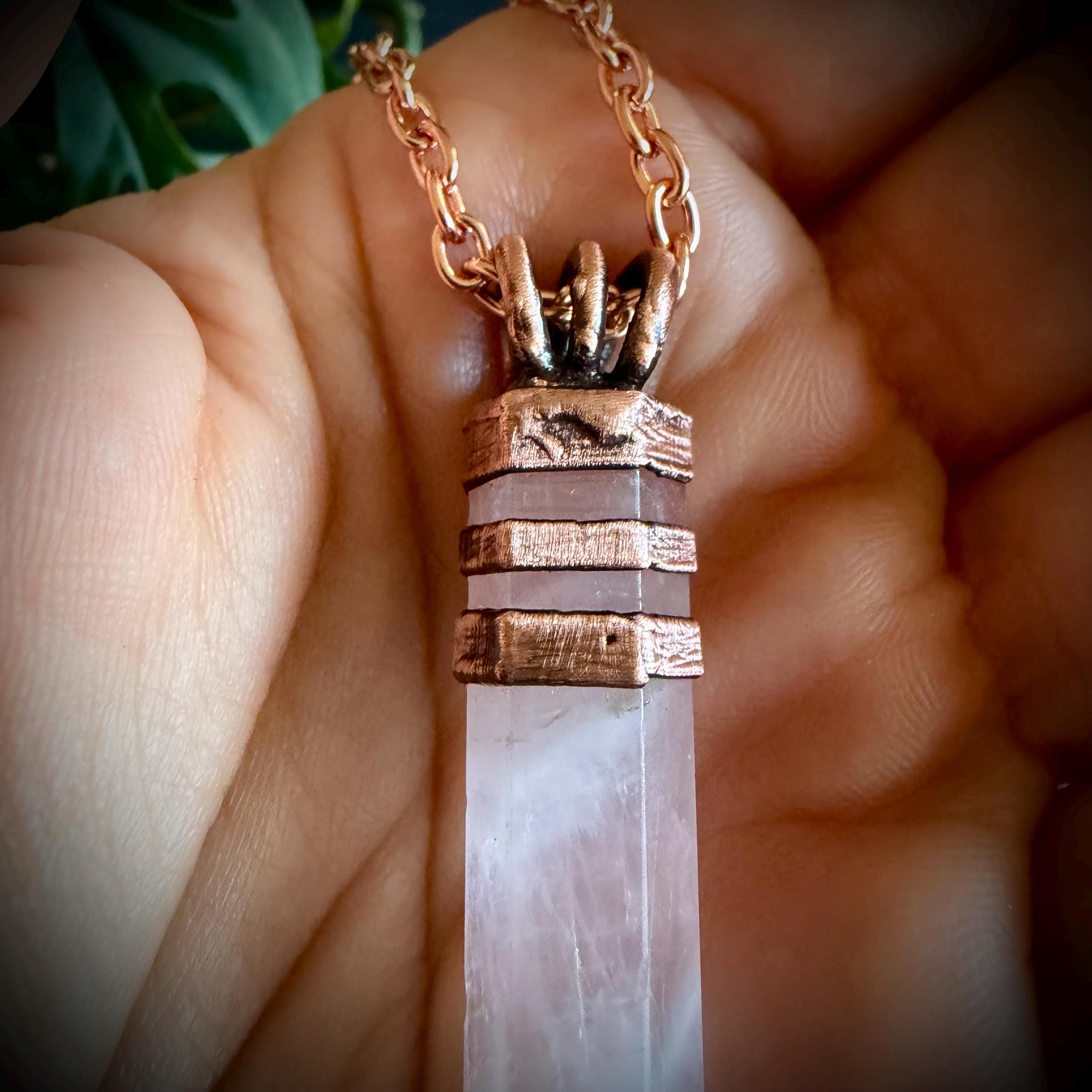 Electroformed Rose Quartz Point Necklace | Handmade Copper Crystal Pendant | Solid Copper Chain | Artisan Jewelry