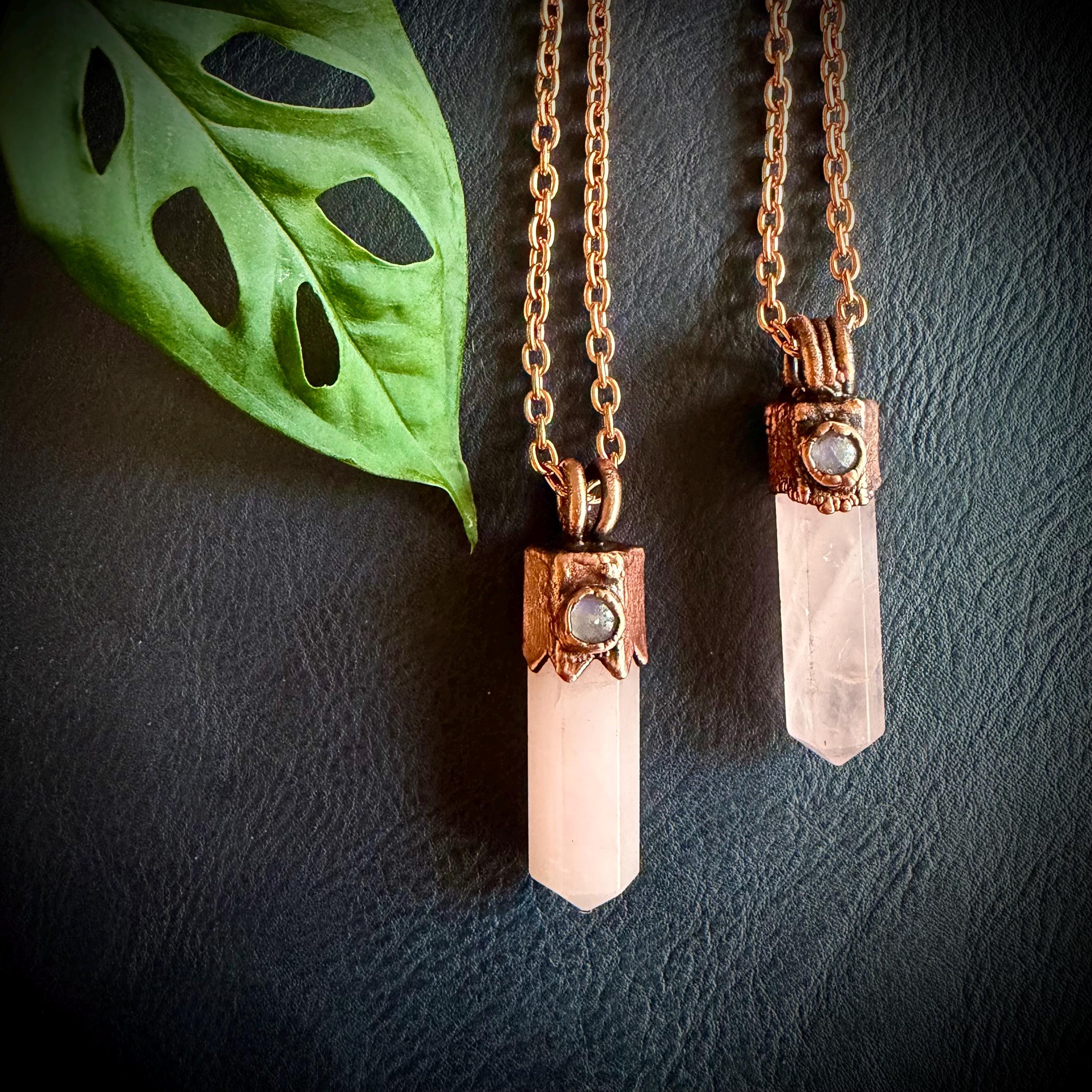 Electroformed Rose Quartz Point Necklace | Handmade Copper Crystal Pendant | Solid Copper Chain | Artisan Jewelry