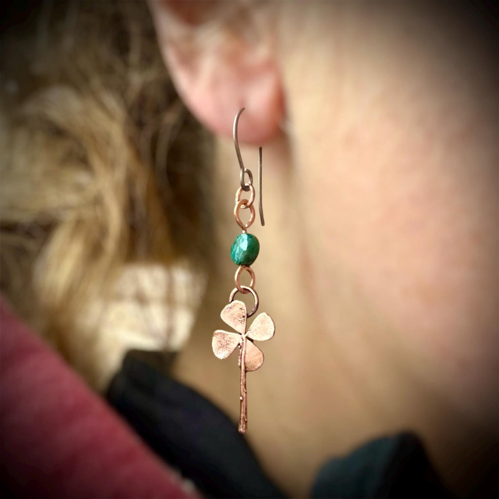 Electroformed Copper Four Leaf Clover Earrings – Lapis Lazuli, Titanium