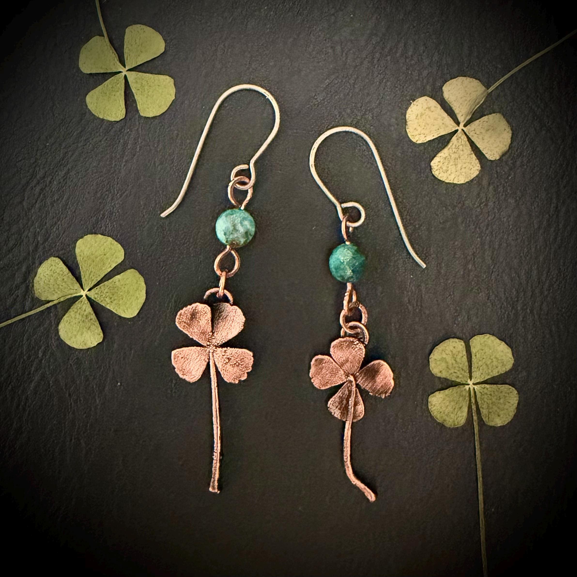Electroformed Copper Four Leaf Clover Earrings – Lapis Lazuli, Titanium