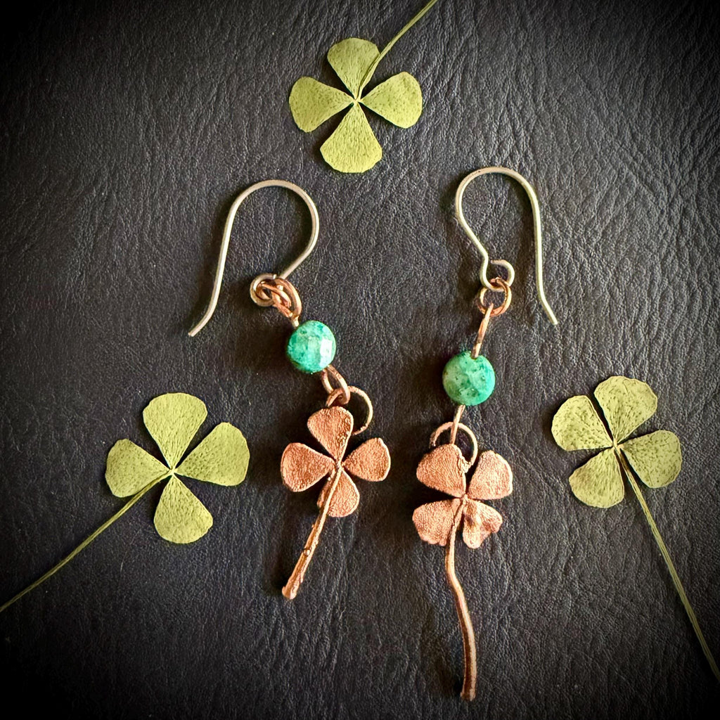 Electroformed Copper Four Leaf Clover Earrings – Lapis Lazuli, Titanium