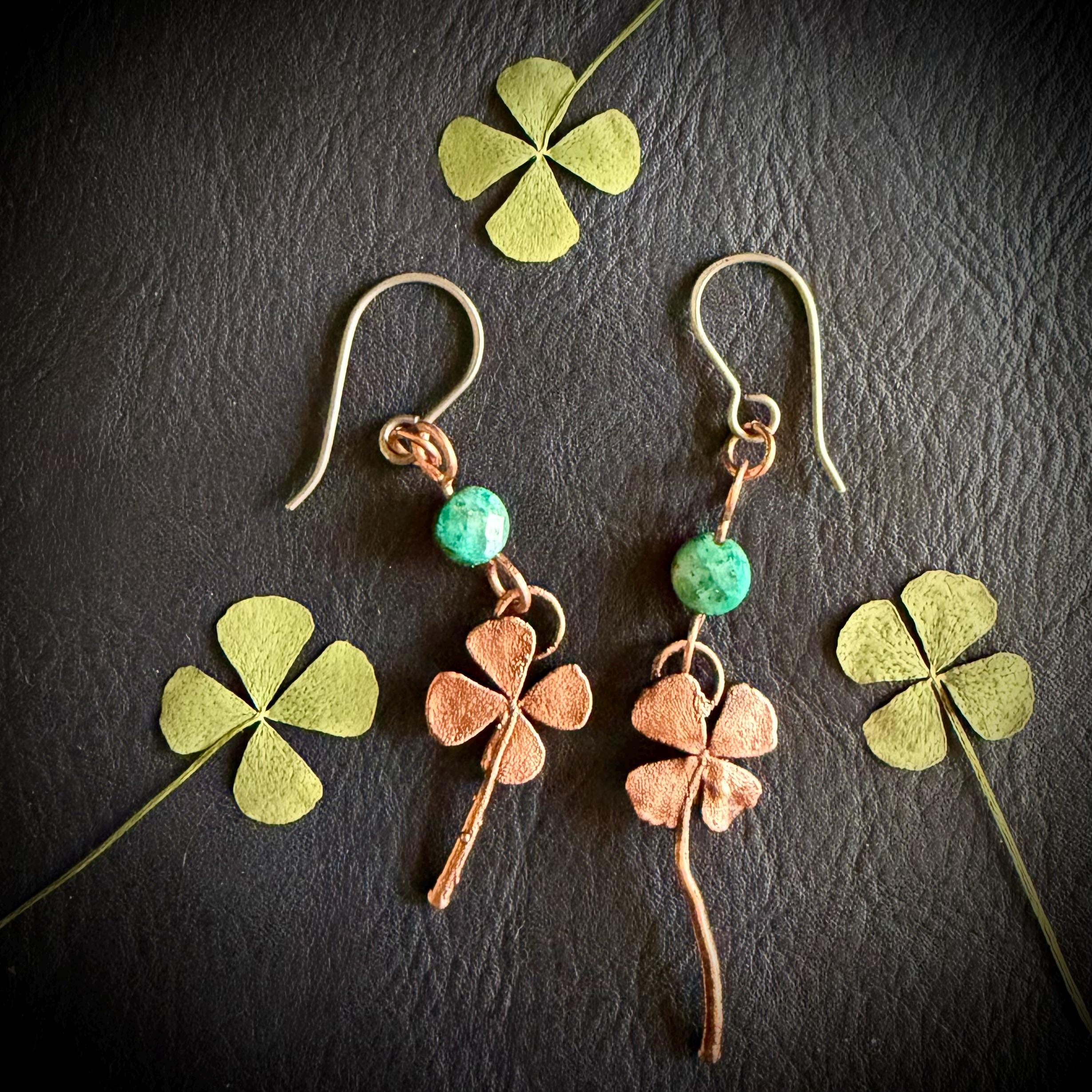 Electroformed Copper Four Leaf Clover Earrings – Lapis Lazuli, Titanium