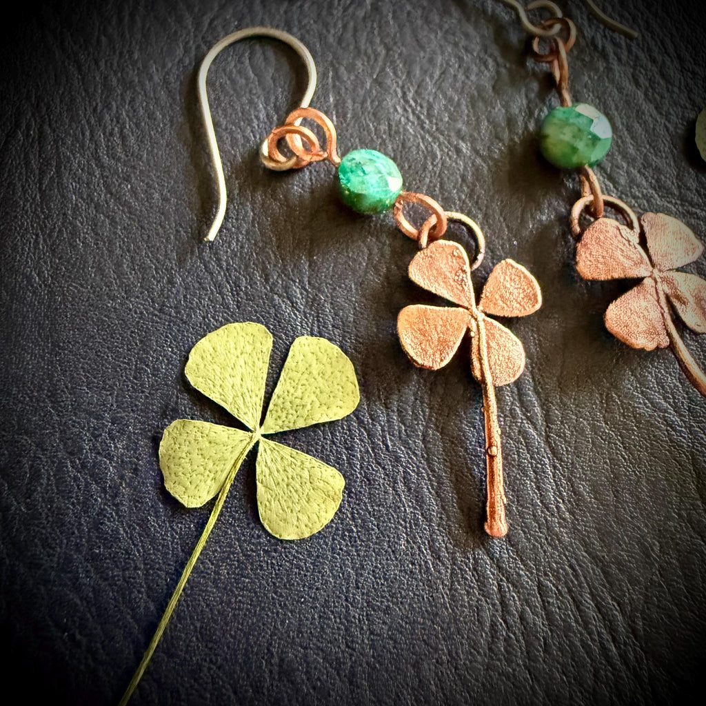 Electroformed Copper Four Leaf Clover Earrings – Lapis Lazuli, Titanium