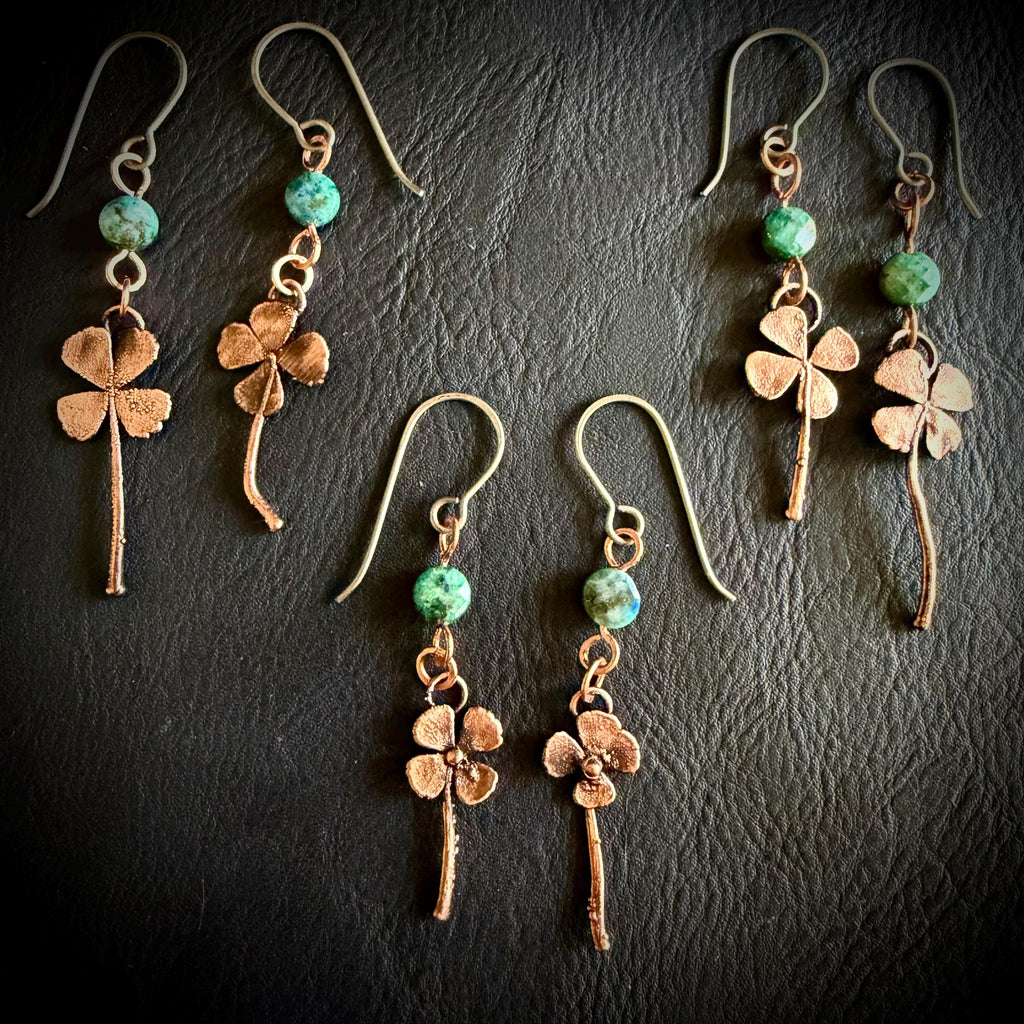 Electroformed Copper Four Leaf Clover Earrings – Lapis Lazuli, Titanium