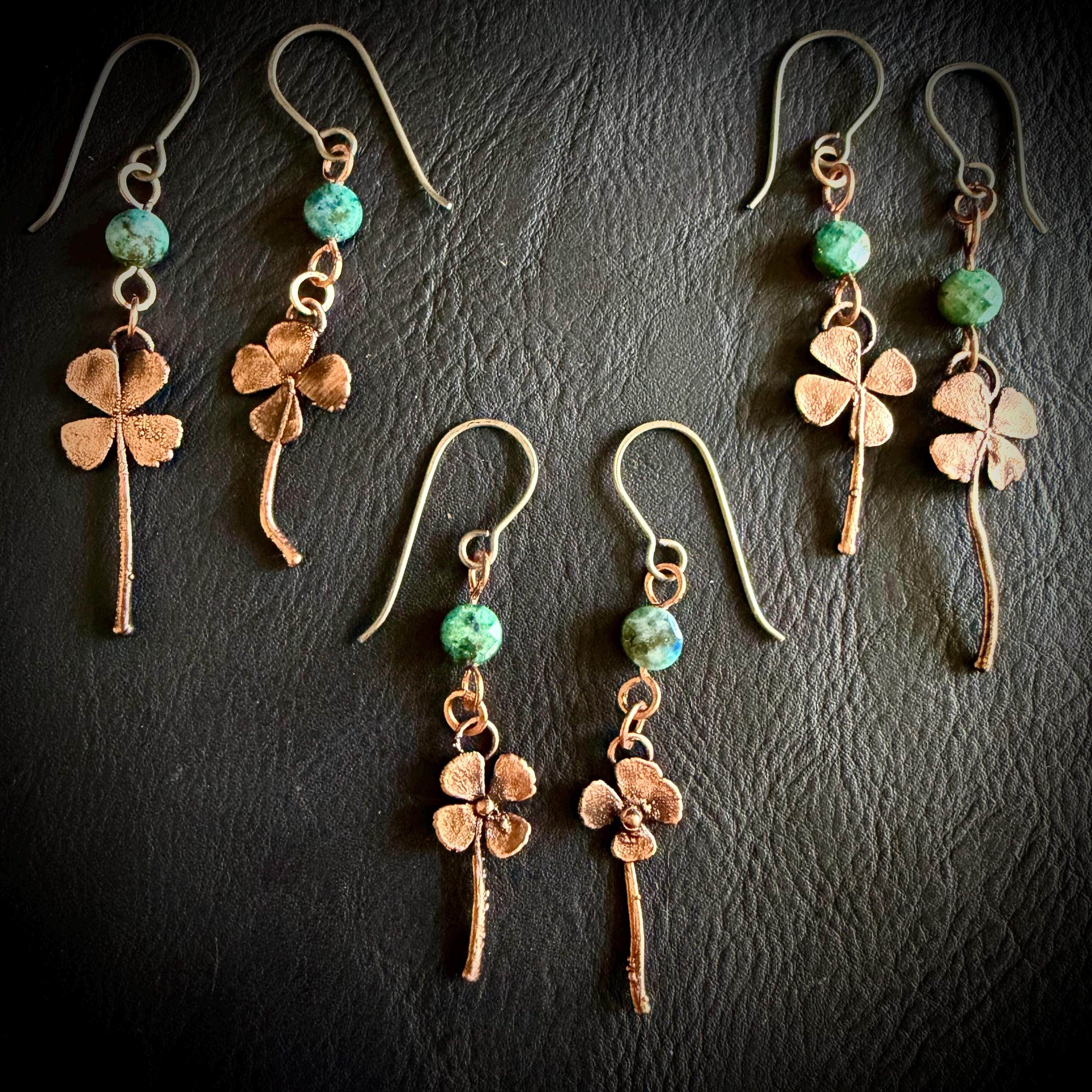 Electroformed Copper Four Leaf Clover Earrings – Lapis Lazuli, Titanium