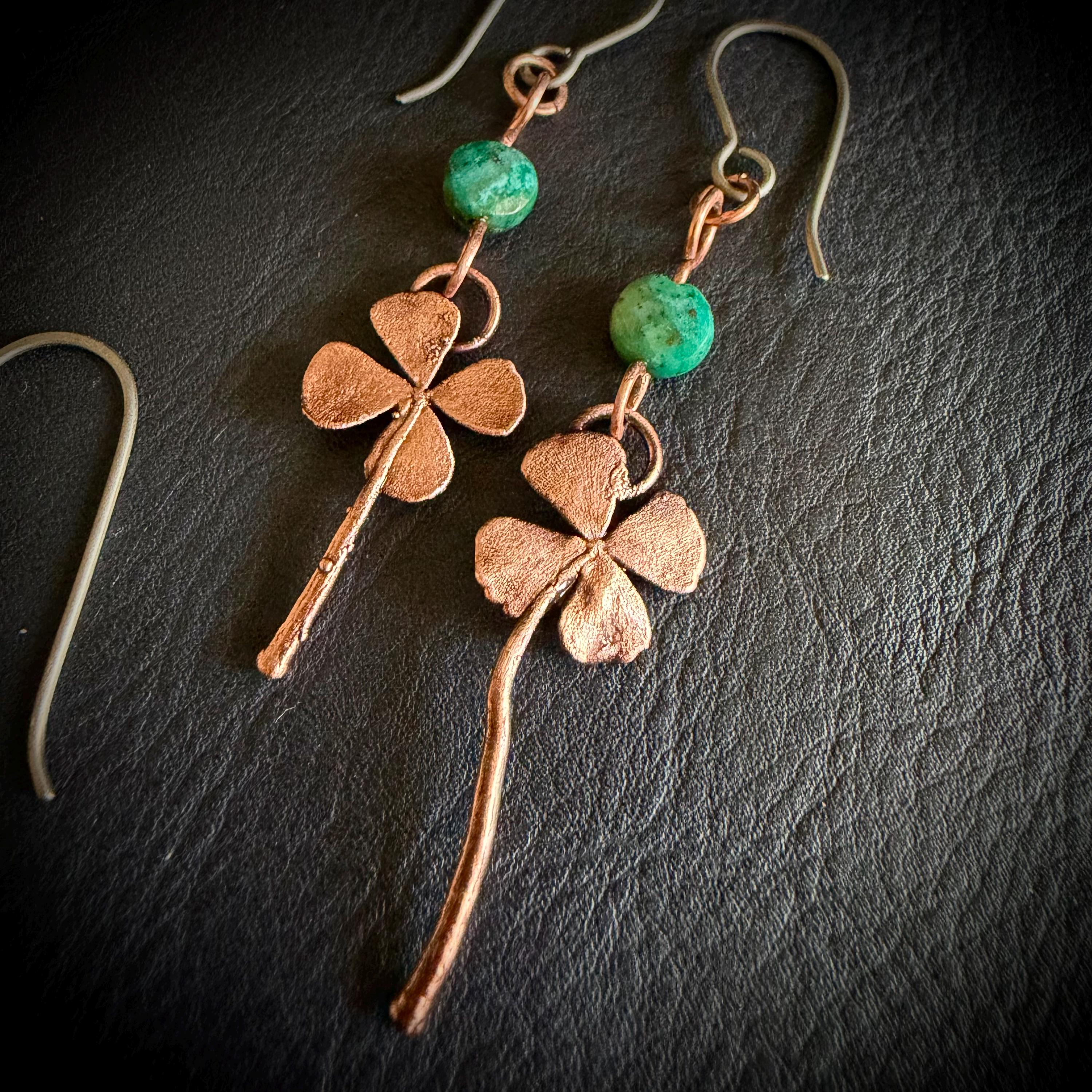 Electroformed Copper Four Leaf Clover Earrings – Lapis Lazuli, Titanium