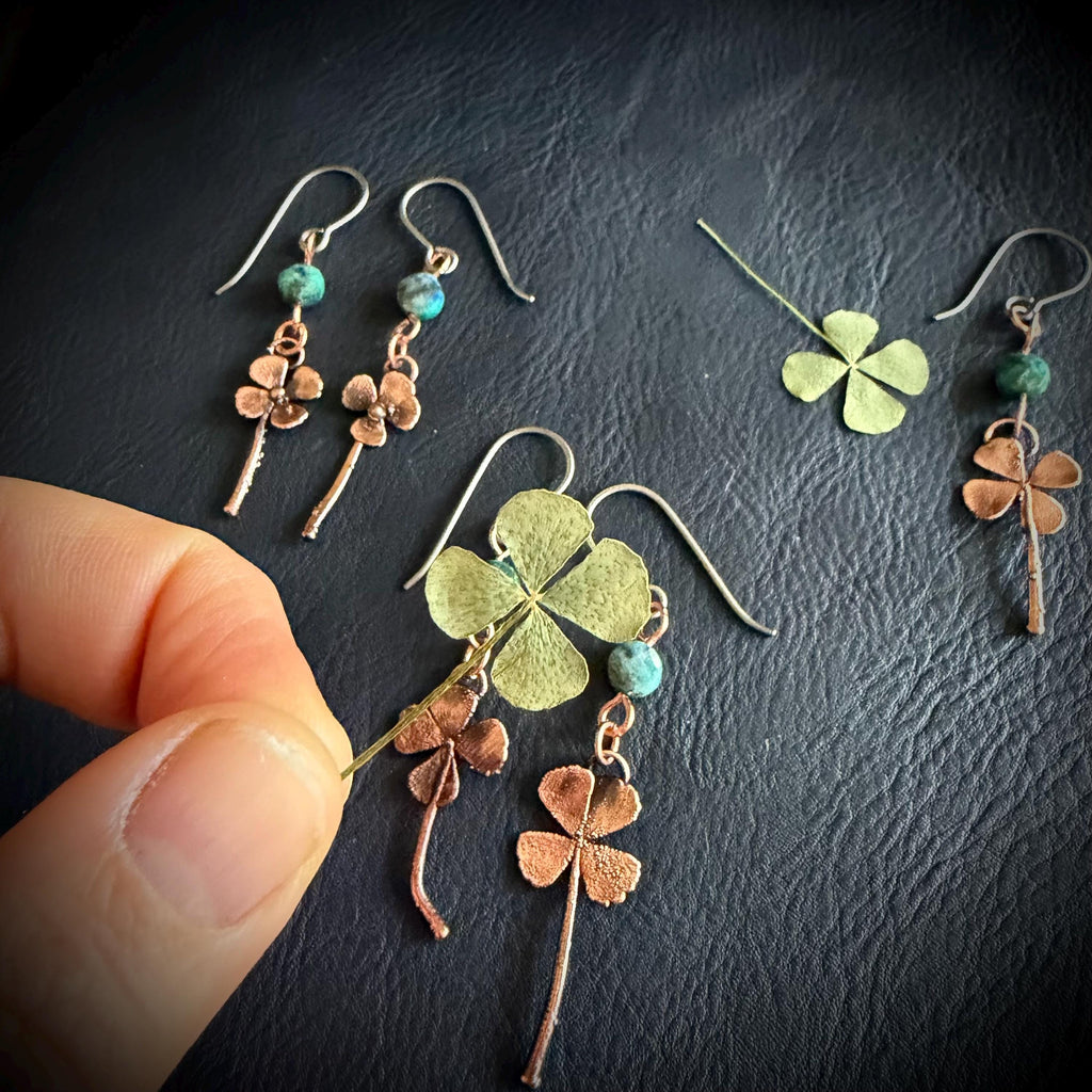 Electroformed Copper Four Leaf Clover Earrings – Lapis Lazuli, Titanium